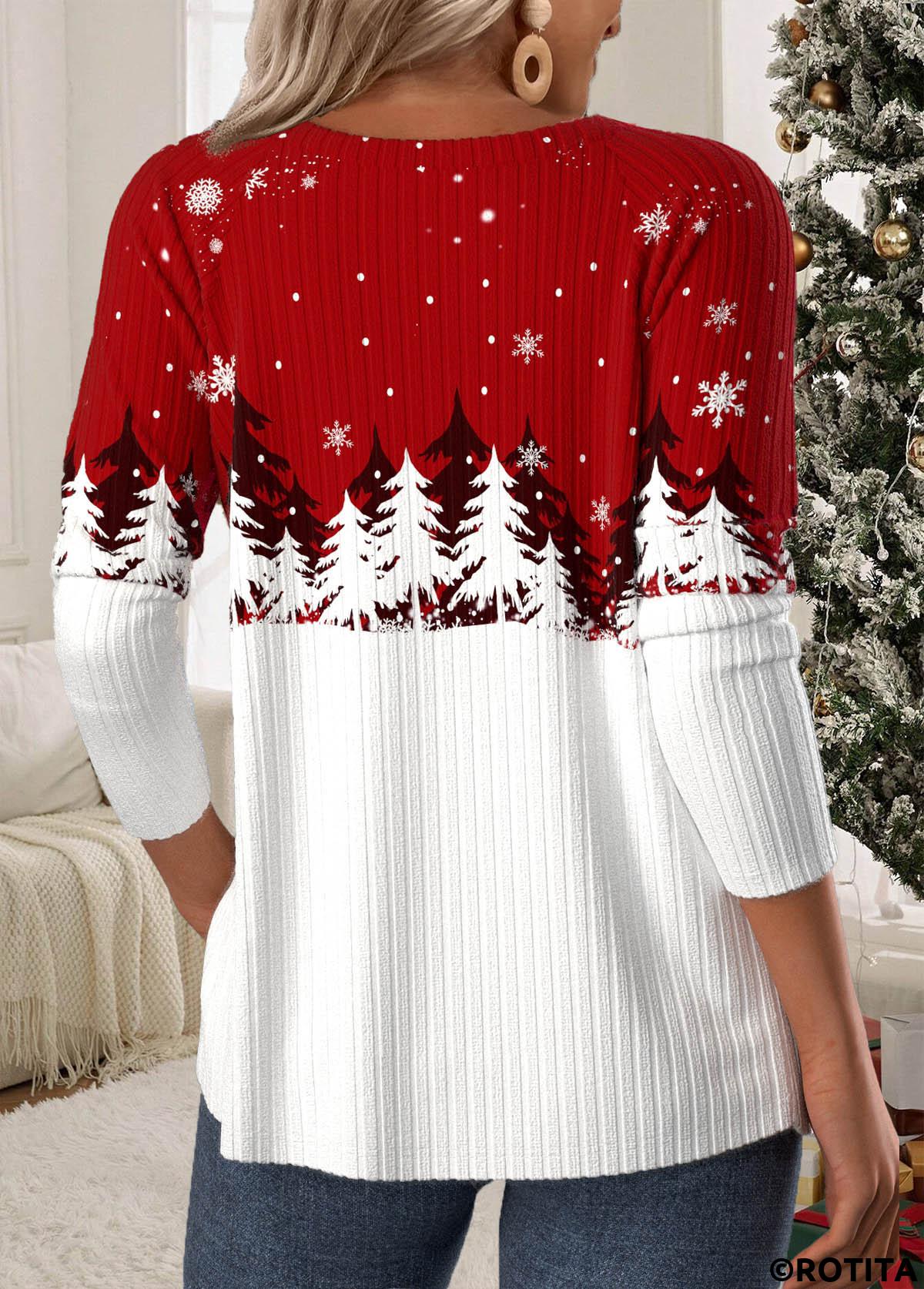 t-shirt col rond rouge vin boutonné de Noël Rotita