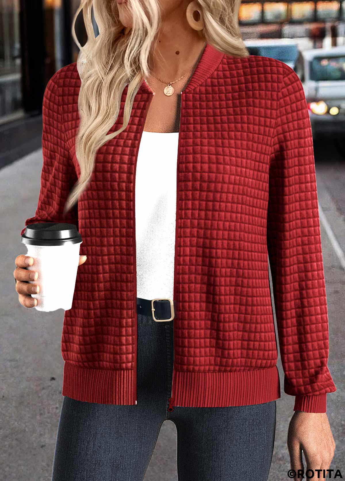 Red plus size,Plain Color plus size,ROTITA Christmas Plus Size Patchwork Red Stand Collar Jacket