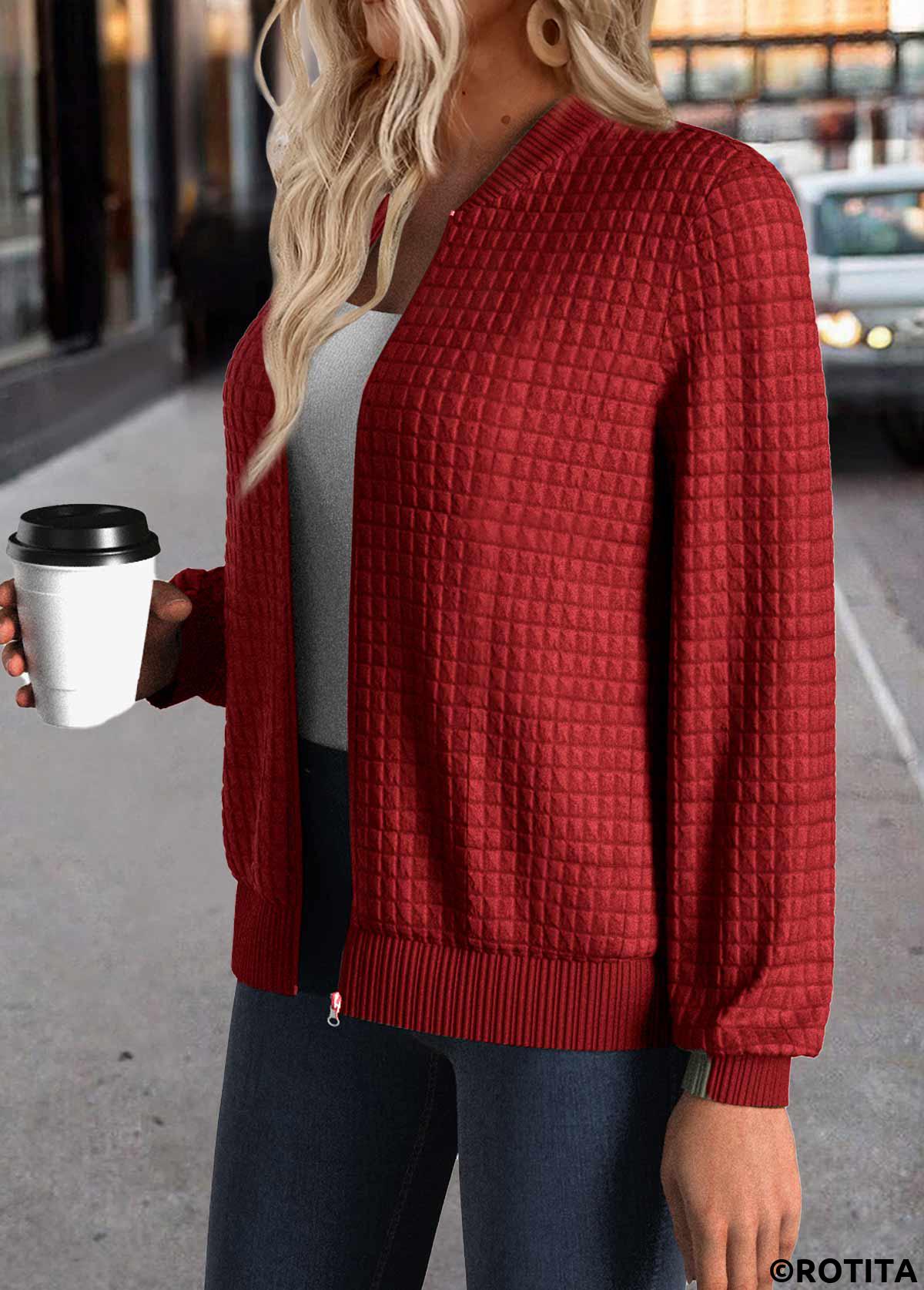 Red plus size,Plain Color plus size,ROTITA Christmas Plus Size Patchwork Red Stand Collar Jacket