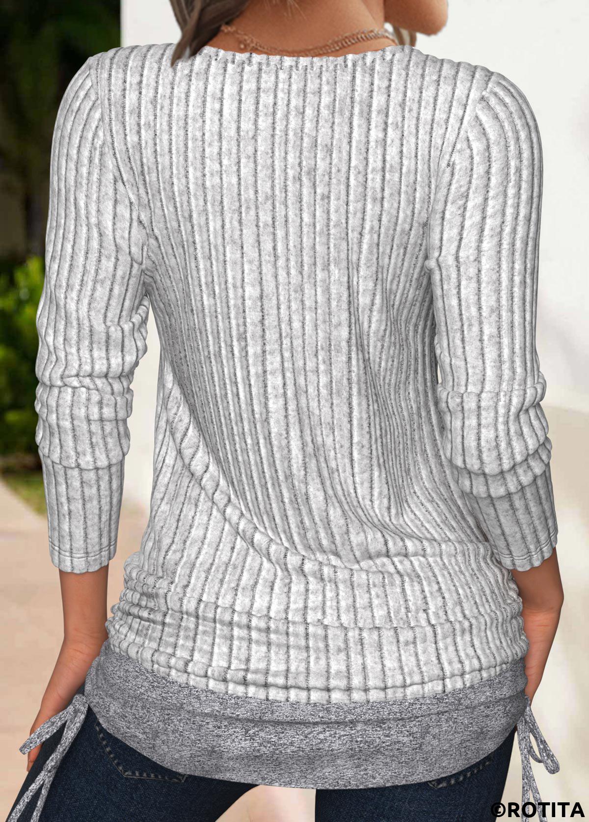 T-shirt à manches longues et col rond gris patchwork Rotita