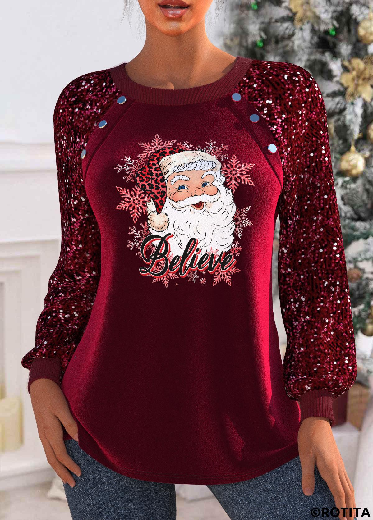 Wine Red tops,Christmas tops,ROTITA Christmas Santa Claus Print Wine Red Round Neck Sweatshirt