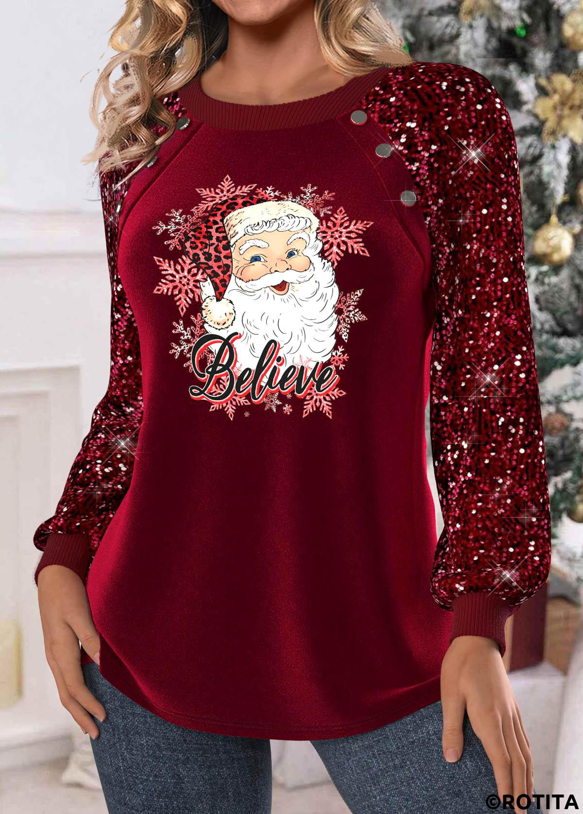 Wine Red tops,Christmas tops,ROTITA Christmas Santa Claus Print Wine Red Round Neck Sweatshirt