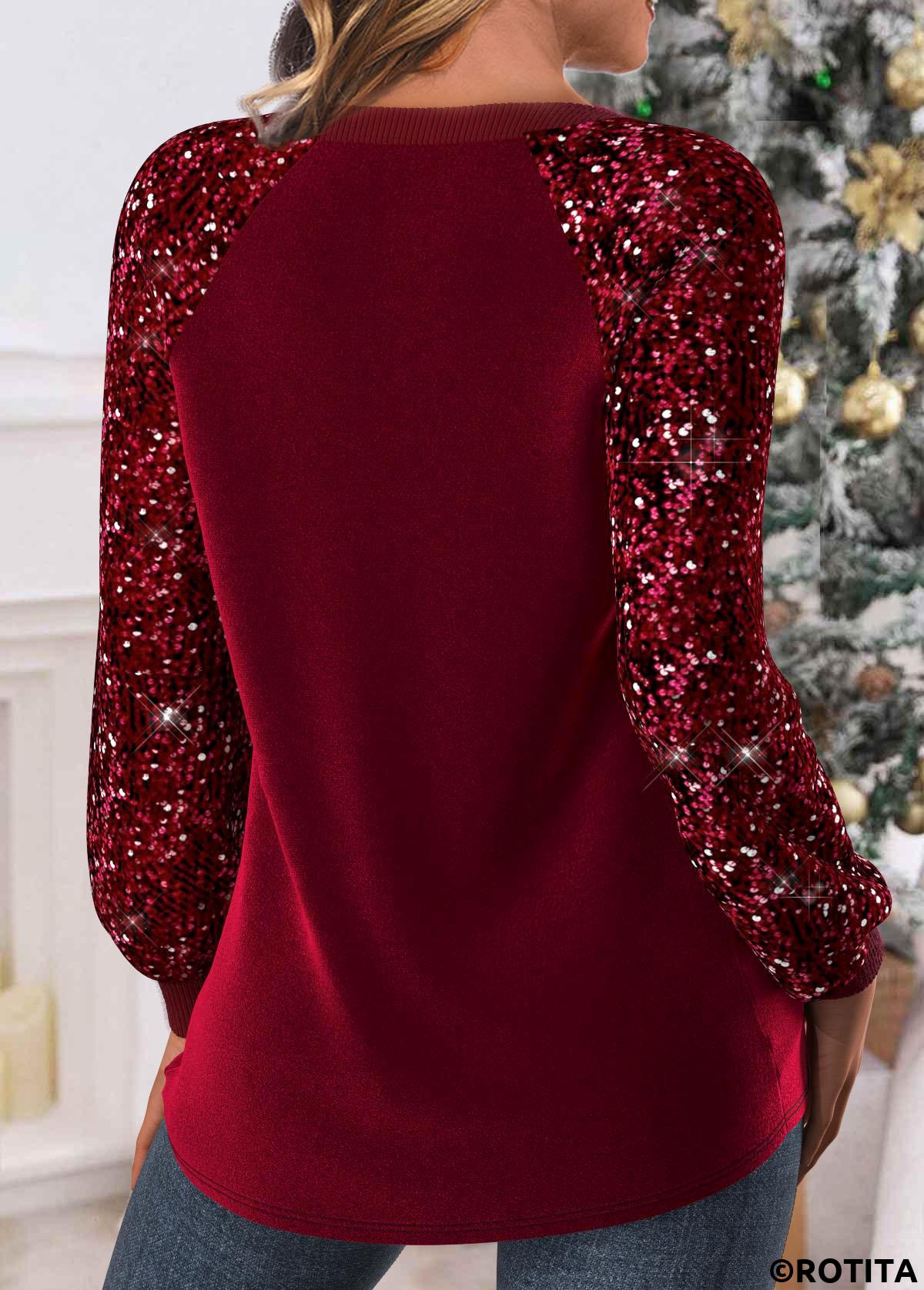 Wine Red tops,Christmas tops,ROTITA Christmas Santa Claus Print Wine Red Round Neck Sweatshirt