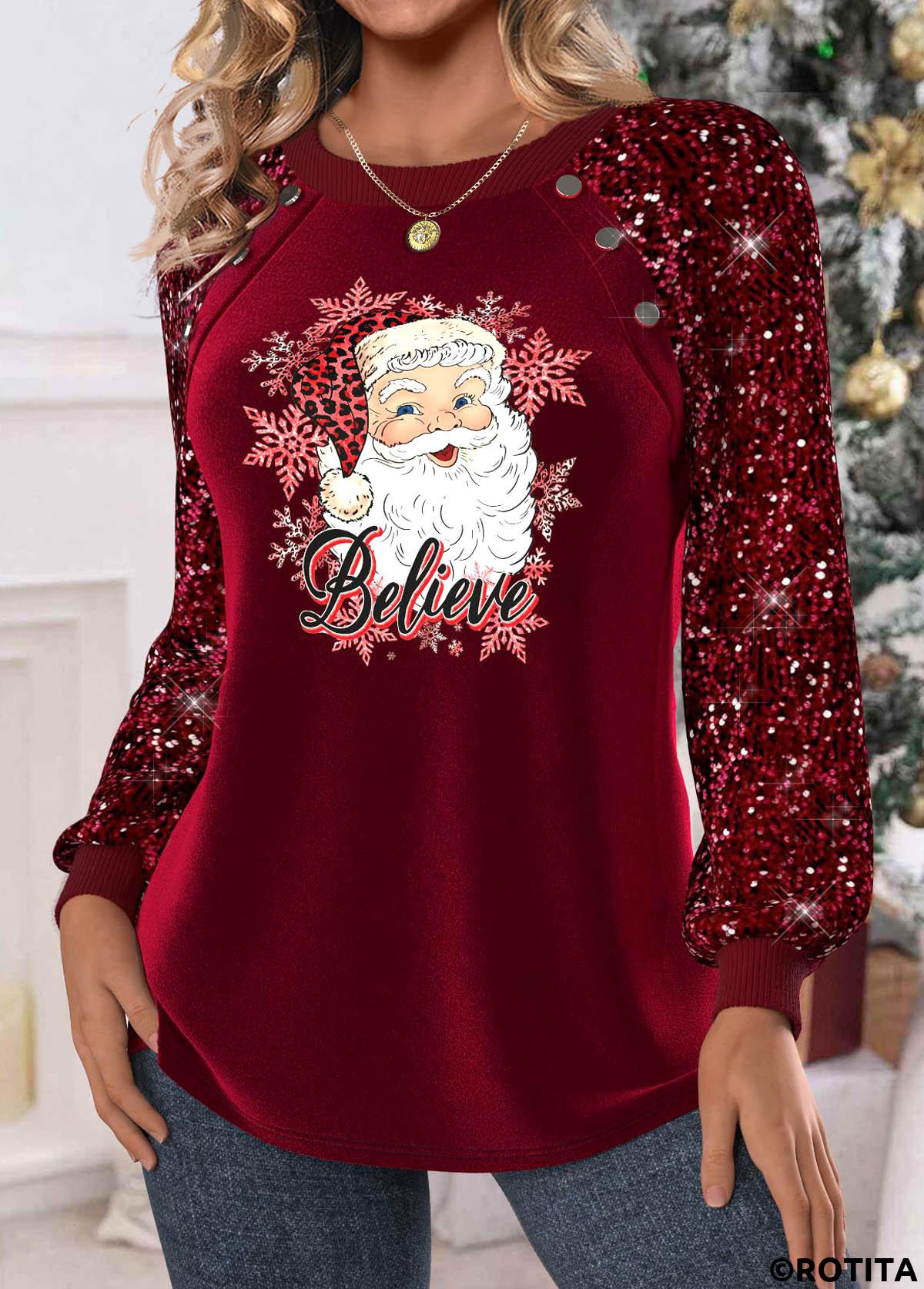 Wine Red tops,Christmas tops,ROTITA Christmas Santa Claus Print Wine Red Round Neck Sweatshirt