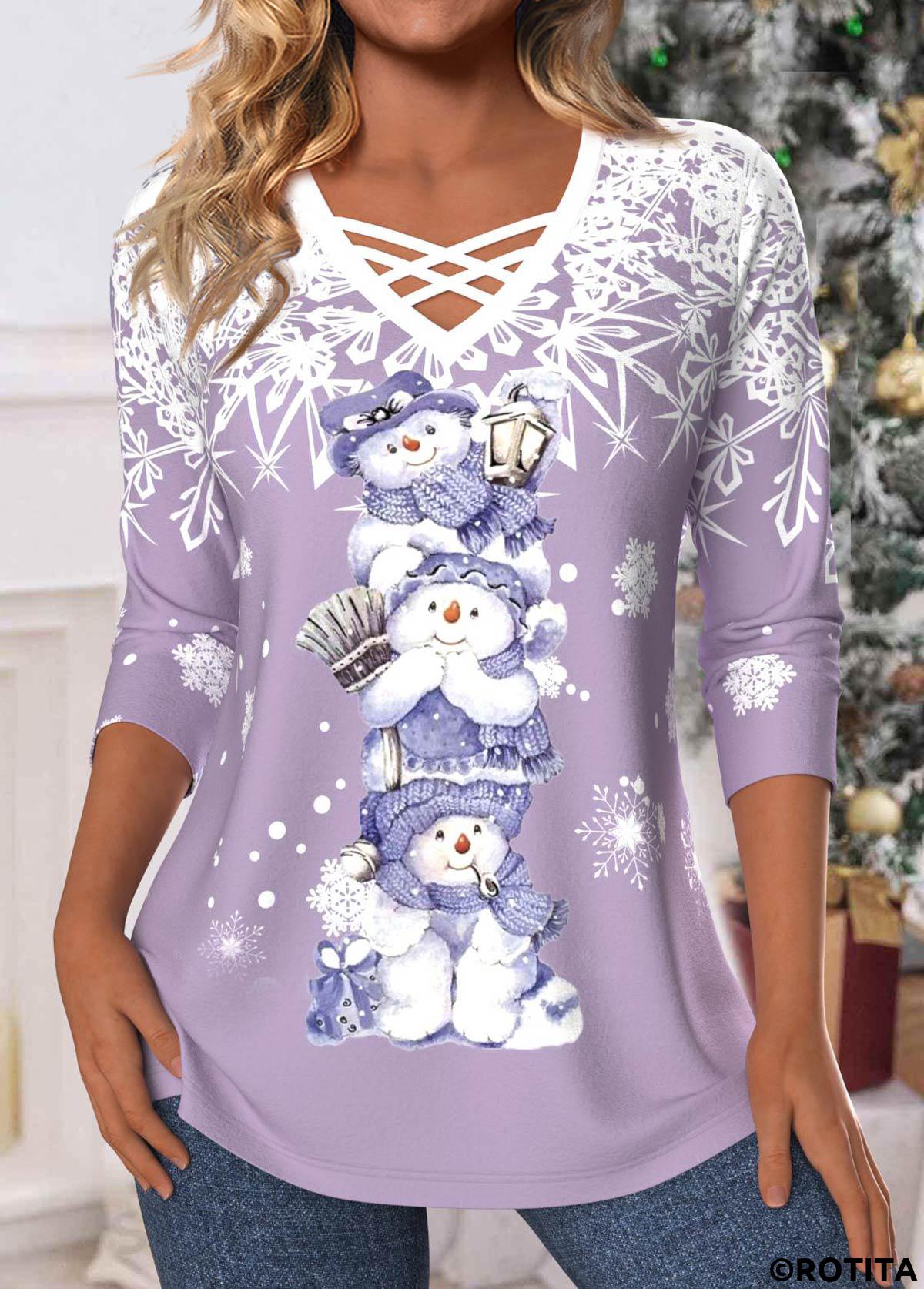 rotita noël croisé bonhomme de neige imprimé t-shirt violet clair