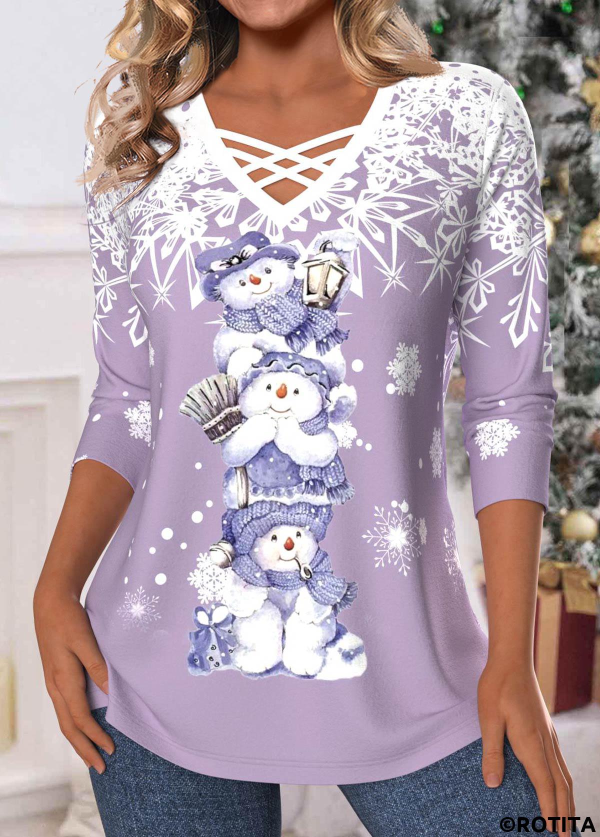 rotita noël croisé bonhomme de neige imprimé t-shirt violet clair