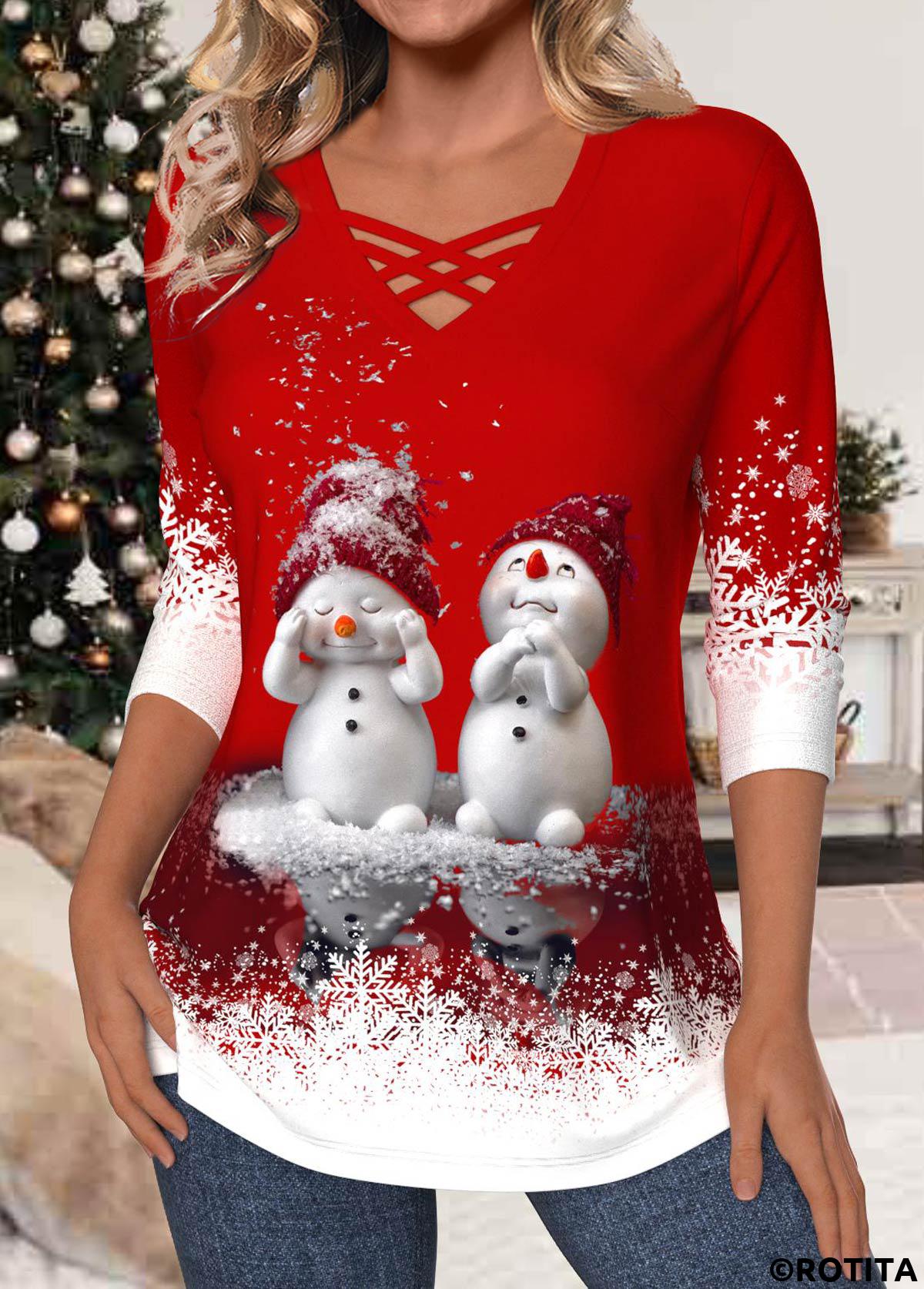 Red tops,Christmas tops,ROTITA Christmas Criss Cross Red V Neck T Shirt