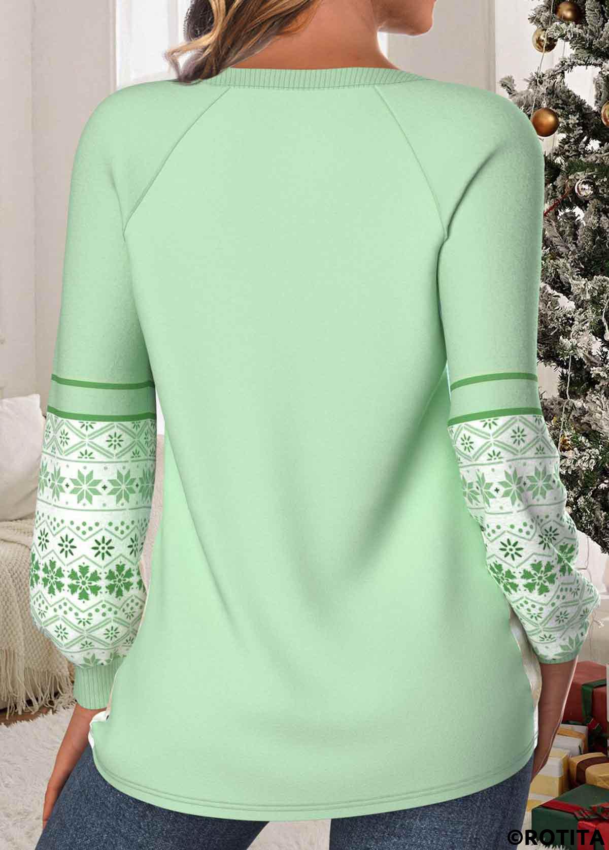 Light Green plus size,Christmas plus size,Geometric plus size,Plaid plus size,ROTITA Christmas Plus Size Patchwork Light Green Round Neck Sweatshirt