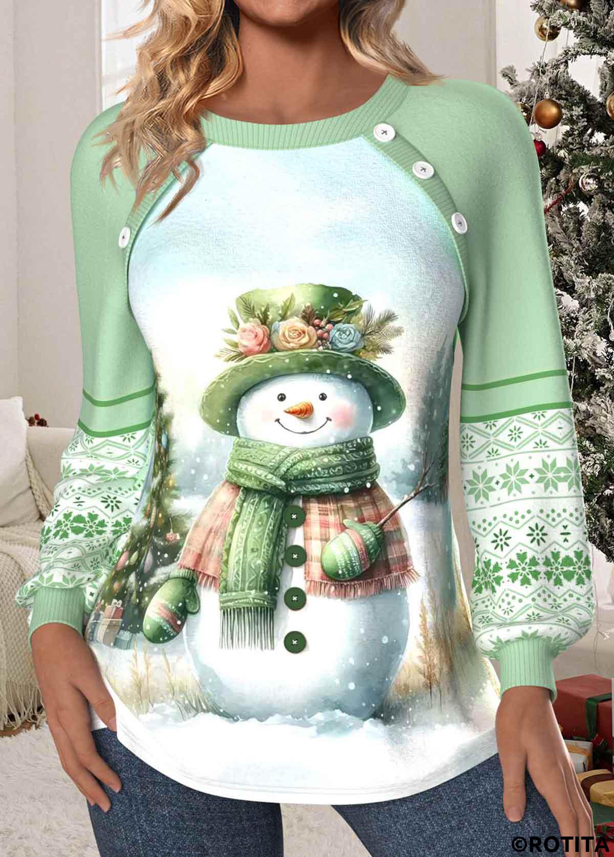 Light Green tops,Christmas tops,Geometric tops,Plaid tops,ROTITA Christmas Patchwork Light Green Round Neck Long Sleeve Sweatshirt