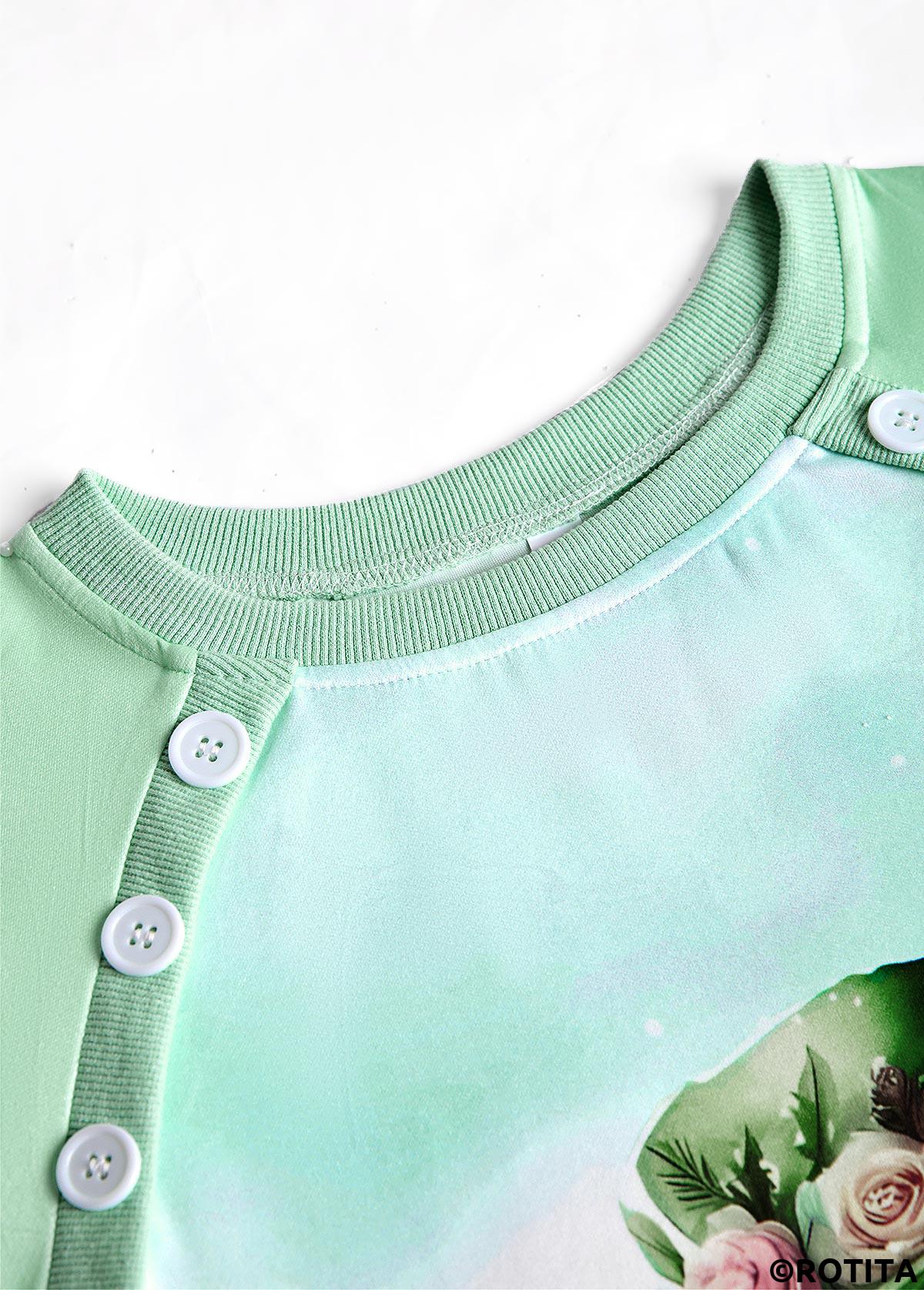 Light Green tops,Christmas tops,Geometric tops,Plaid tops,ROTITA Christmas Patchwork Light Green Round Neck Long Sleeve Sweatshirt