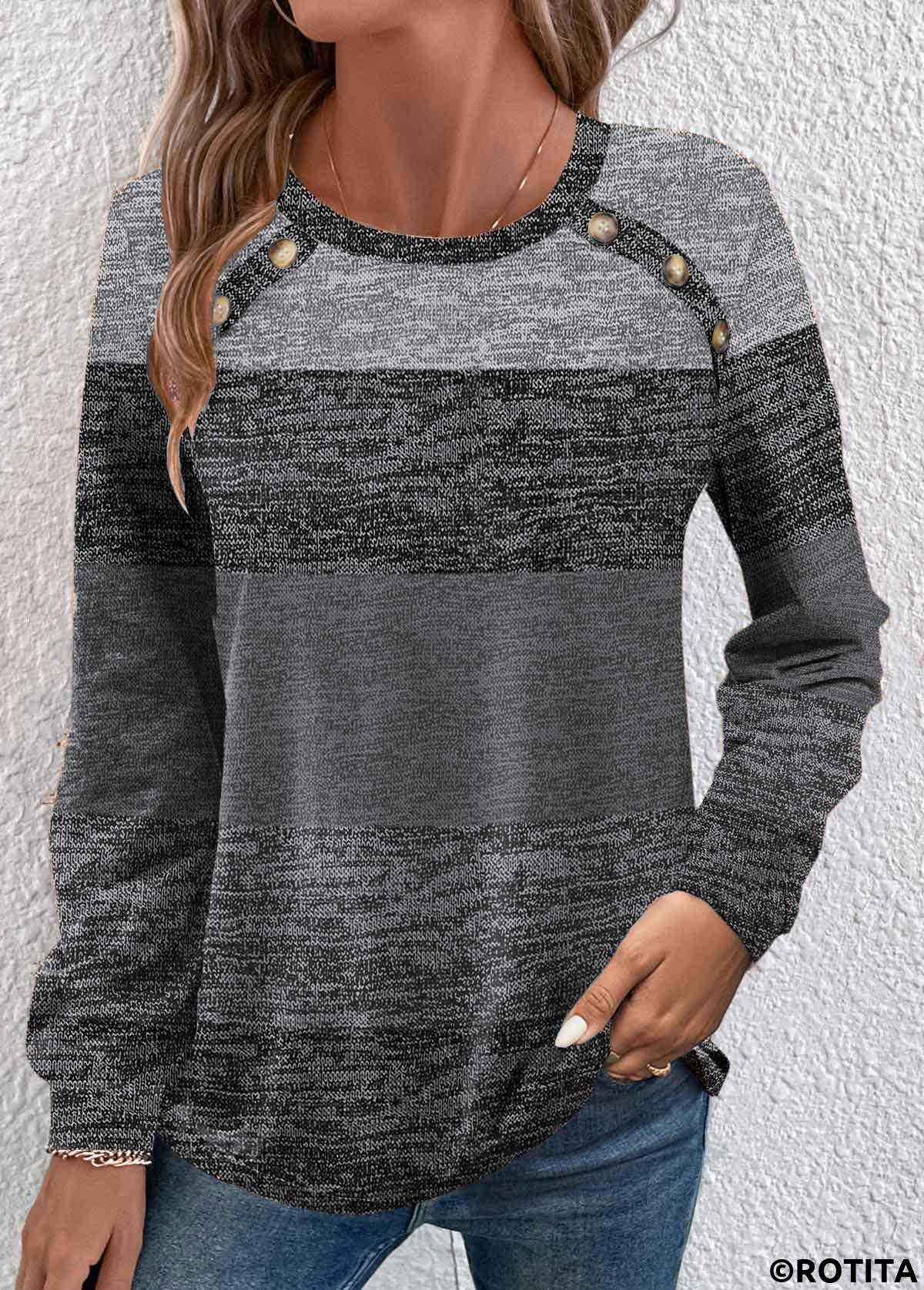 T-shirt à manches longues et col rond gris foncé avec boutons Rotita