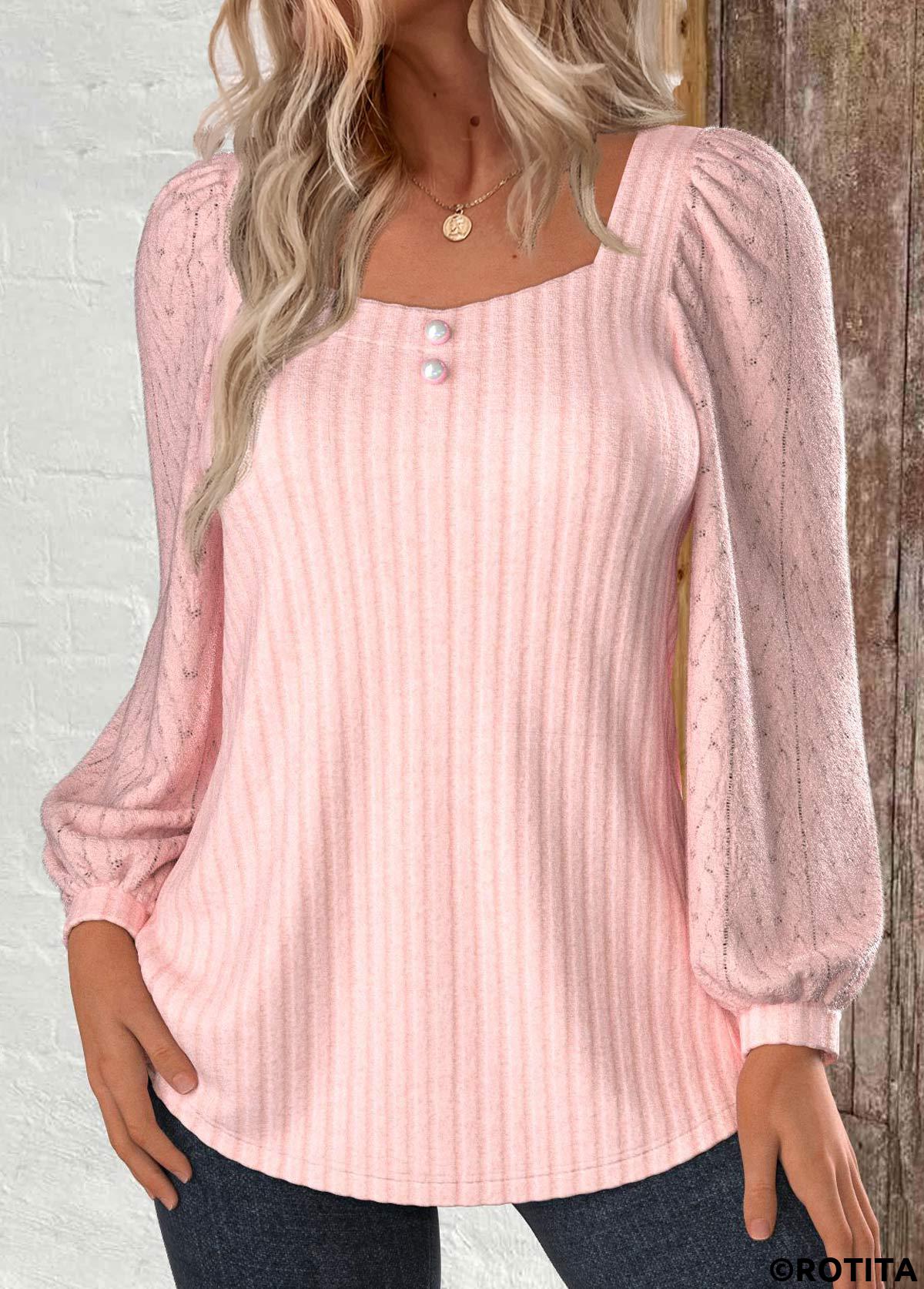 Hellrosa Rotita-Spitzen-Sweatshirt mit quadratischem Ausschnitt und langen Ärmeln