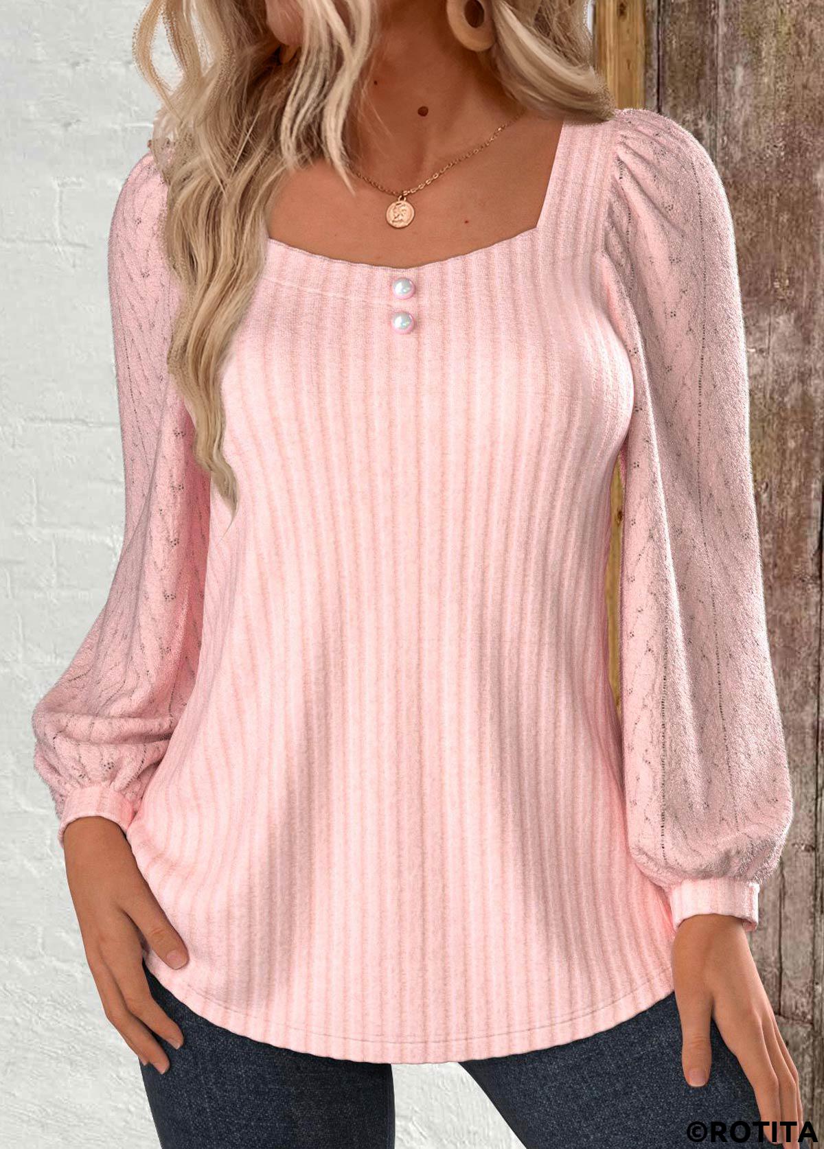 Hellrosa Rotita-Spitzen-Sweatshirt mit quadratischem Ausschnitt und langen Ärmeln