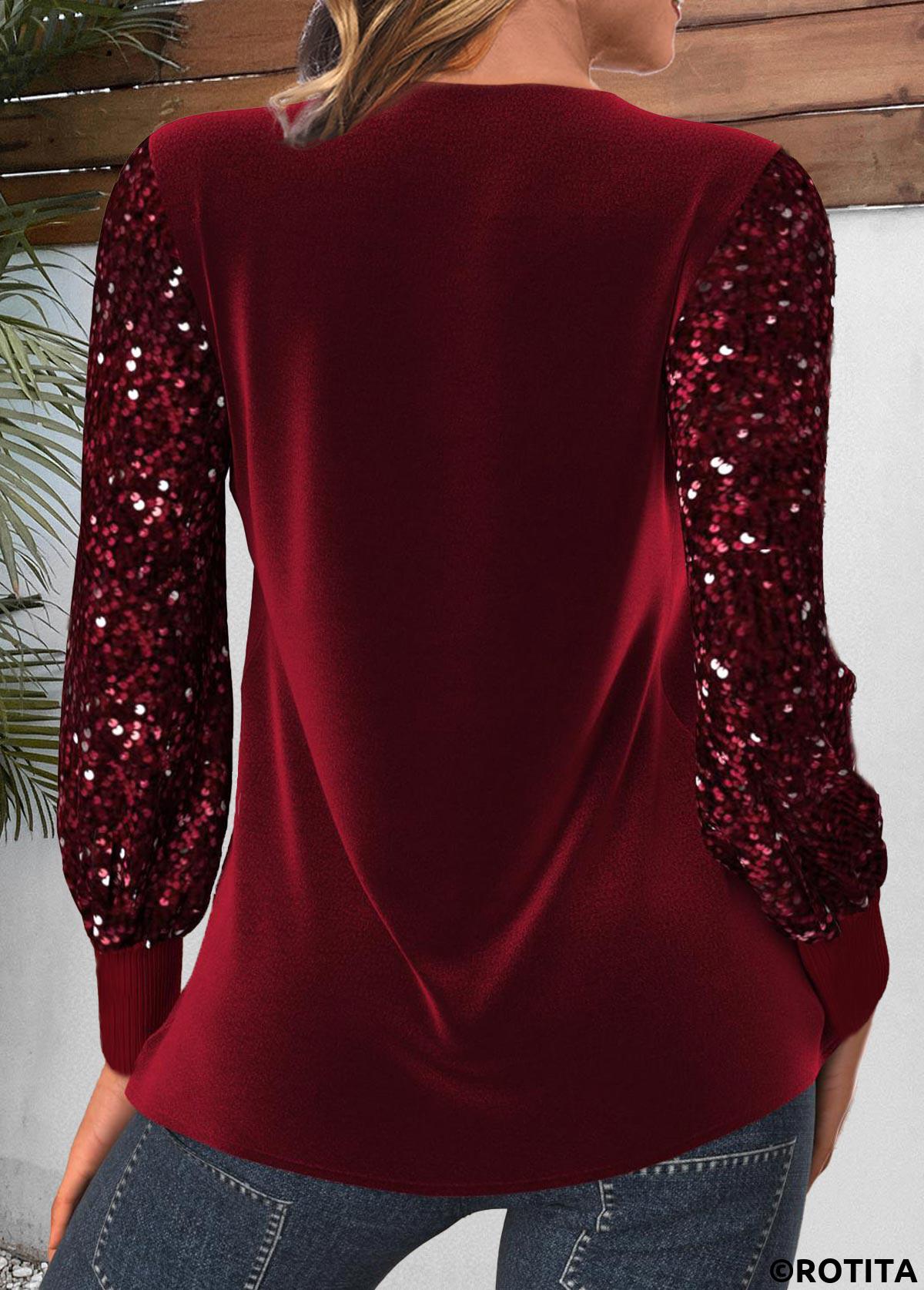 Wine Red tops,Plain Color tops,ROTITA Velvet Wine Red V Neck Long Sleeve T Shirt