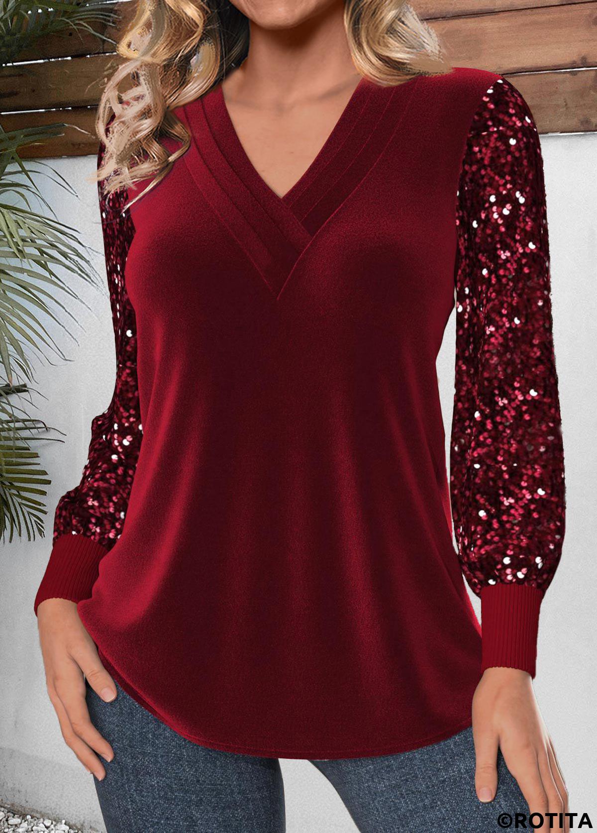 Wine Red tops,Plain Color tops,ROTITA Velvet Wine Red V Neck Long Sleeve T Shirt