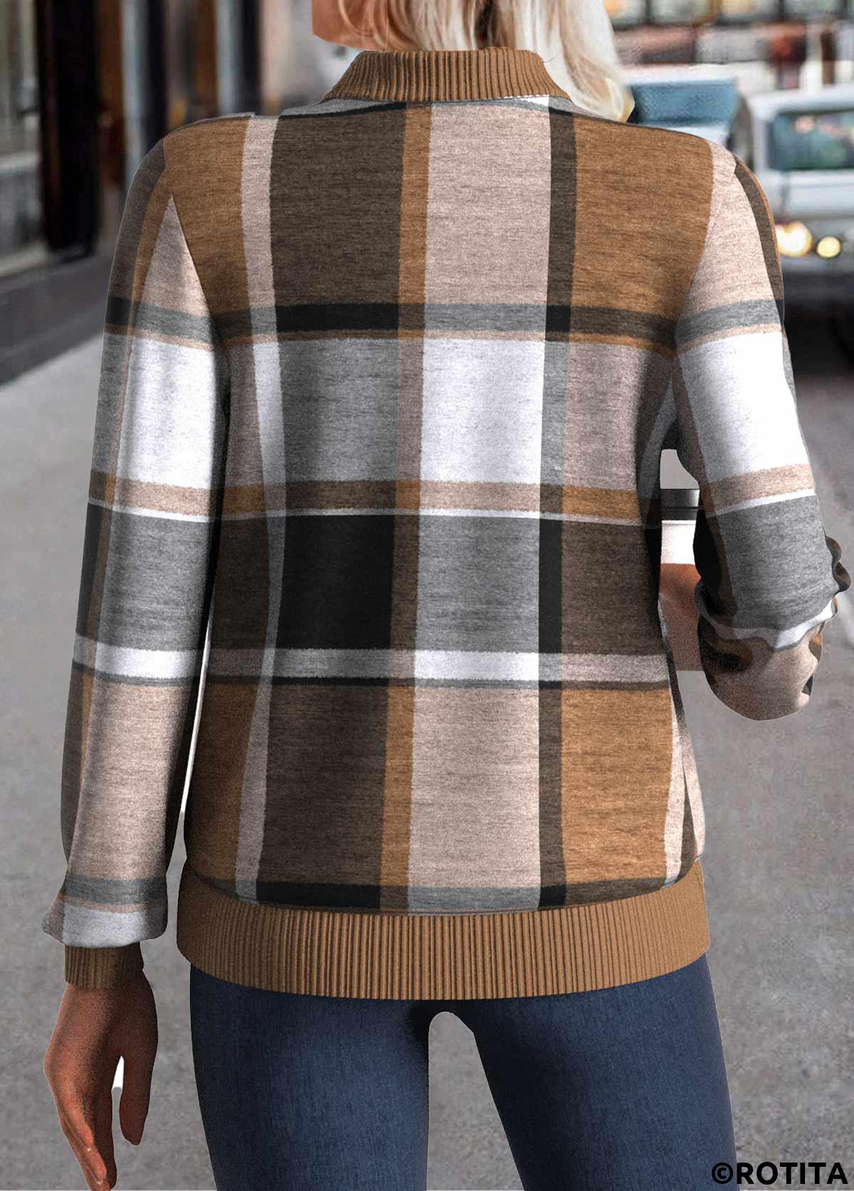 Dark Coffee plus size,Plaid plus size,ROTITA Plus Size Zipper Dark Coffee Plaid Stand Collar Jacket