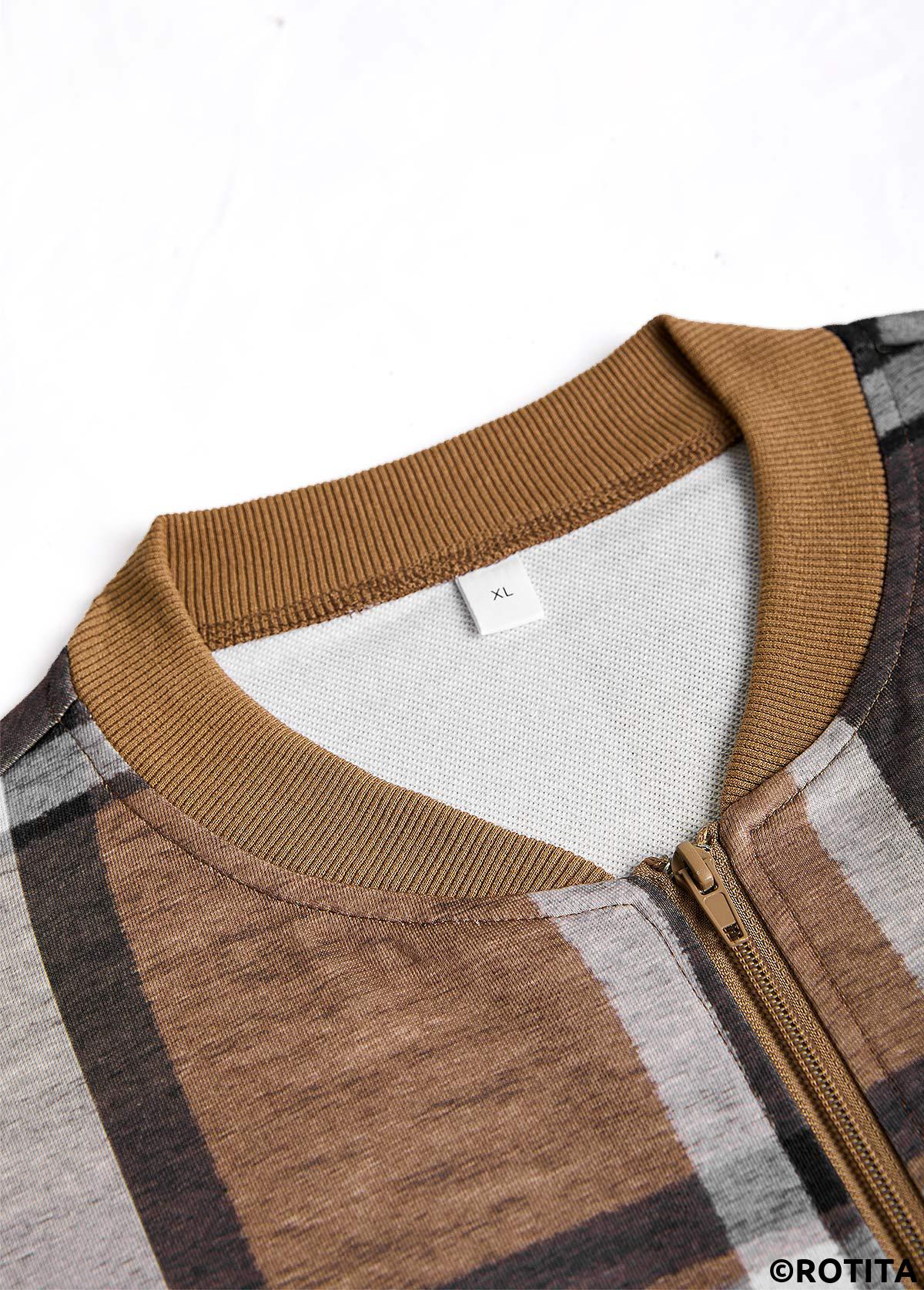 Dark Coffee plus size,Plaid plus size,ROTITA Plus Size Zipper Dark Coffee Plaid Stand Collar Jacket