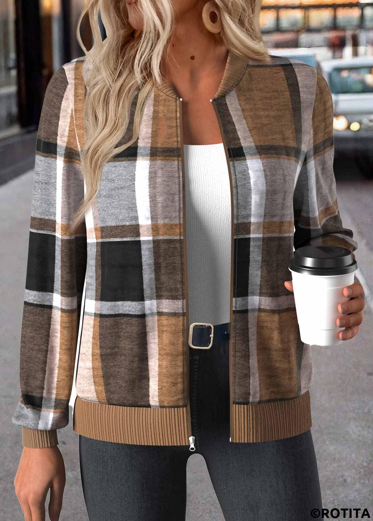 Dark Coffee plus size,Plaid plus size,ROTITA Plus Size Zipper Dark Coffee Plaid Stand Collar Jacket