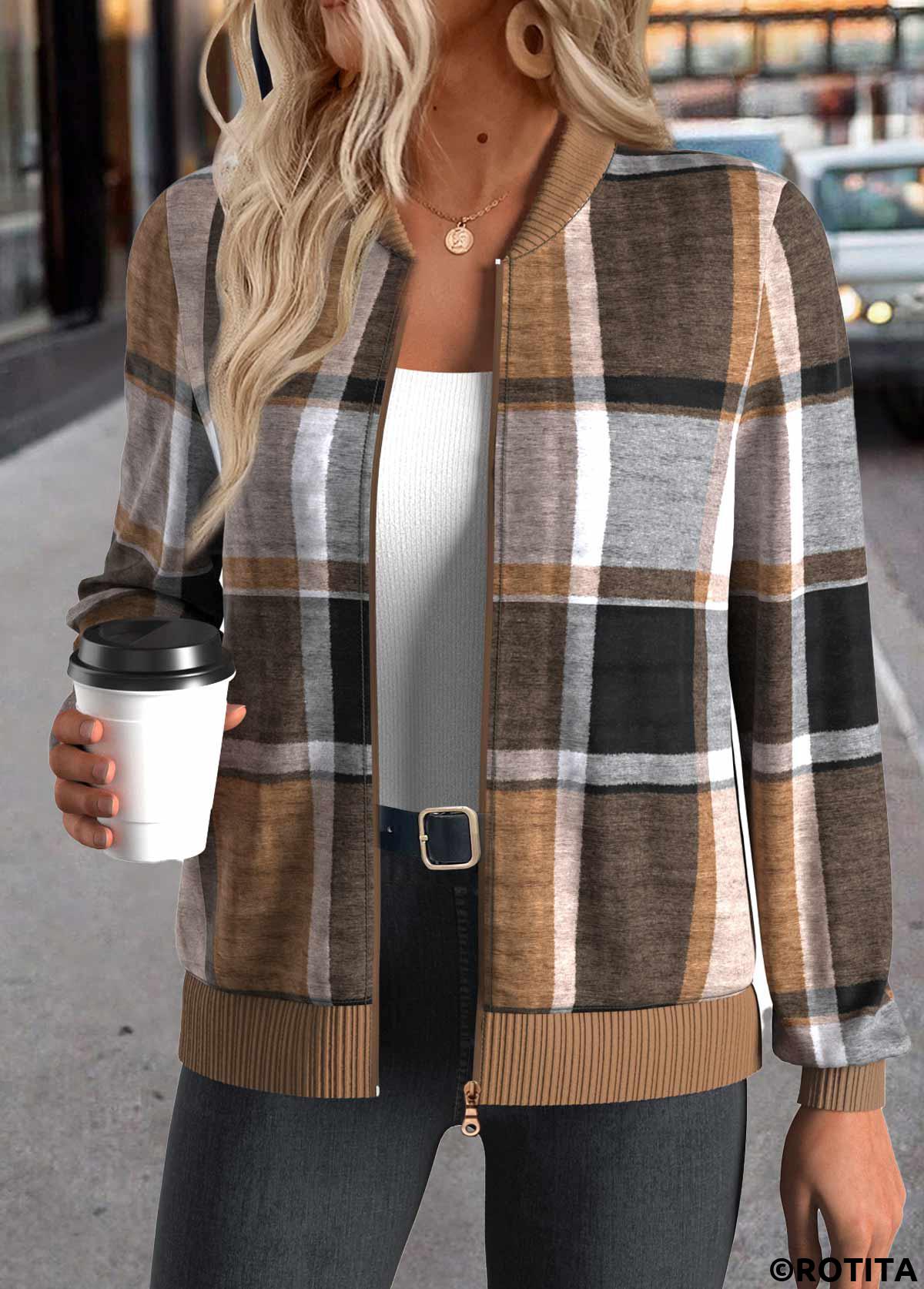 Dark Coffee tops,Plaid tops,ROTITA Zipper Plaid Dark Coffee Stand Collar Long Sleeve Jacket