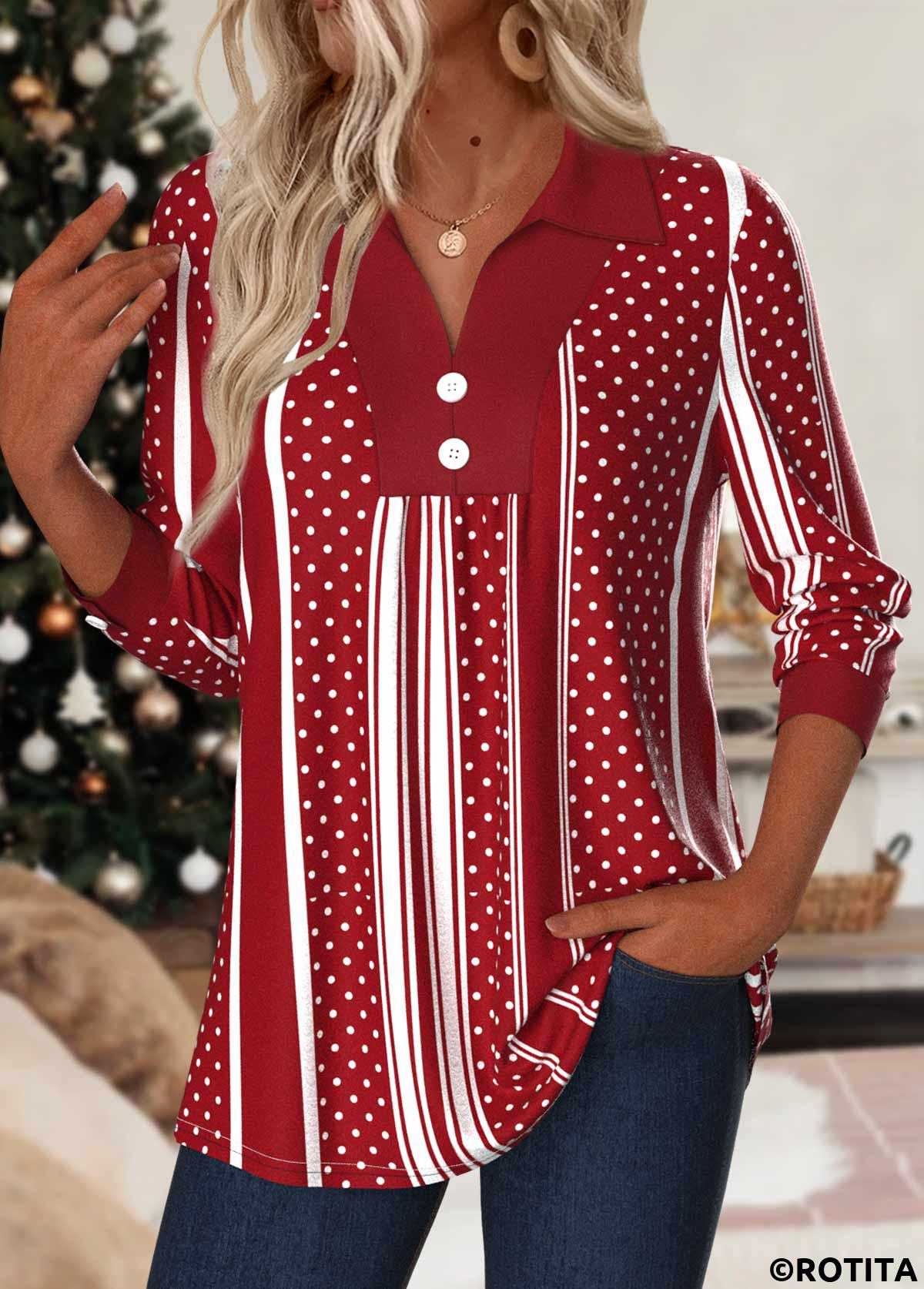 chemise à manches longues à col rabattu et rayures rouges à boutons Rotita
