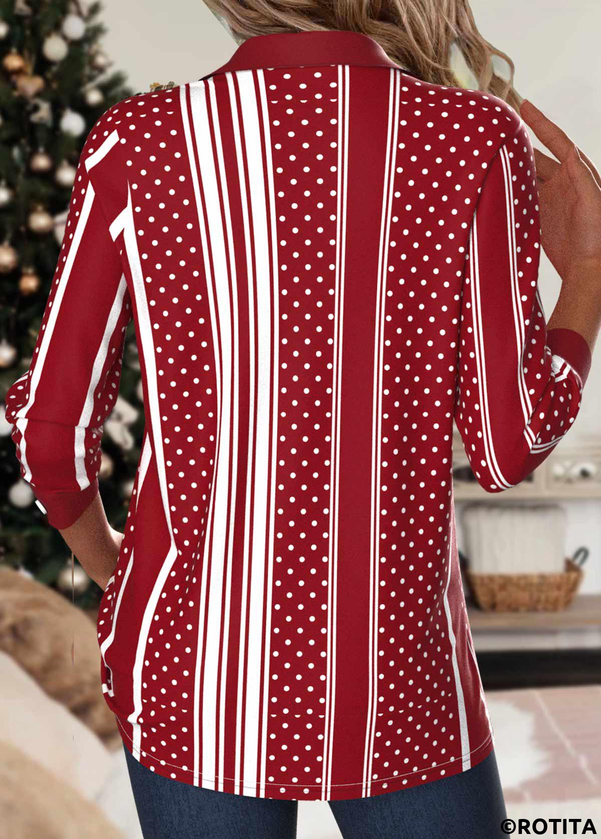 chemise à manches longues à col rabattu et rayures rouges à boutons Rotita