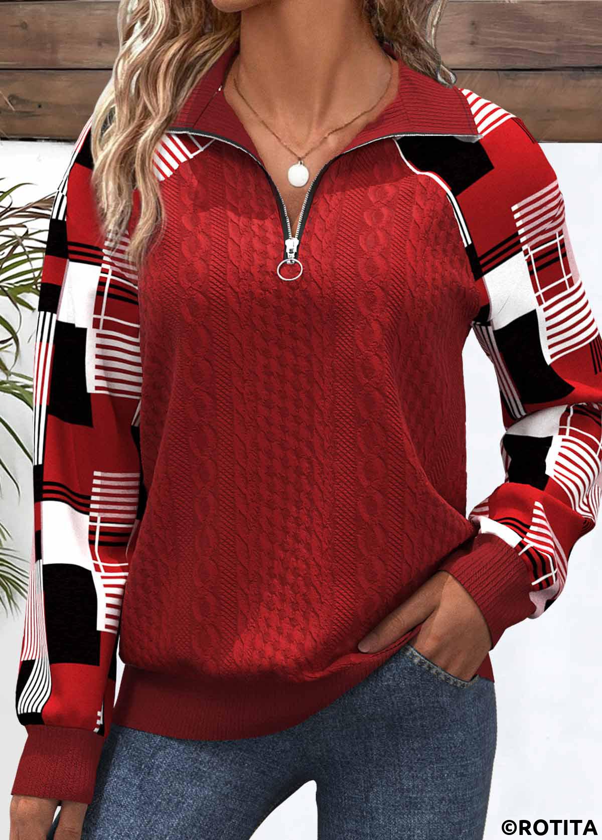 Red tops,Plaid tops,Geometric tops,ROTITA Patchwork Plaid Red Turn Down Collar Long Sleeve Sweatshirt