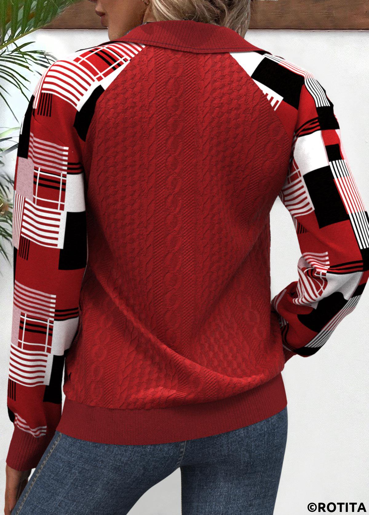 Red tops,Plaid tops,Geometric tops,ROTITA Patchwork Plaid Red Turn Down Collar Long Sleeve Sweatshirt