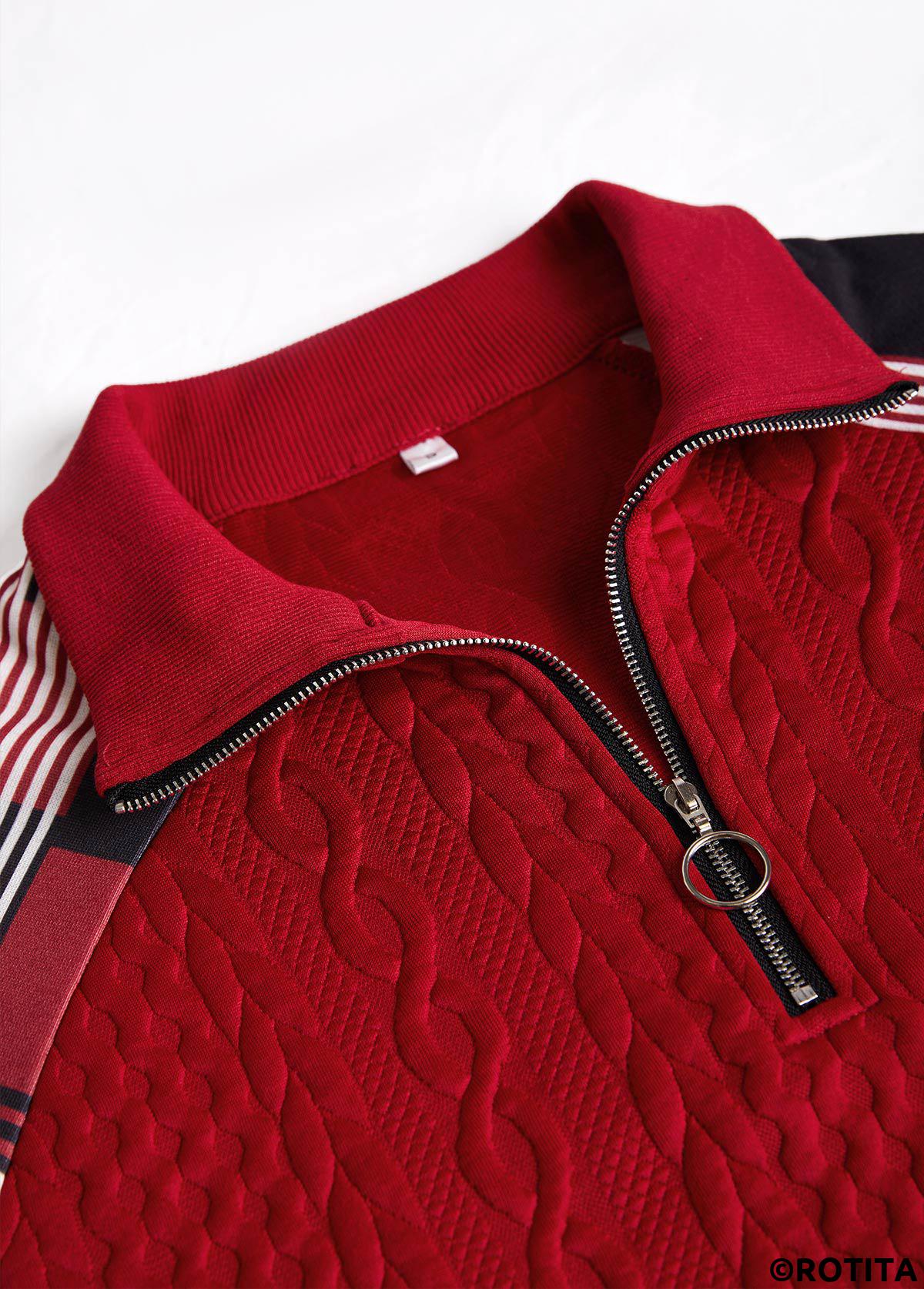 Red plus size,Plaid plus size,Geometric plus size,ROTITA Plus Size Patchwork Red Plaid Turn Down Collar Sweatshirt