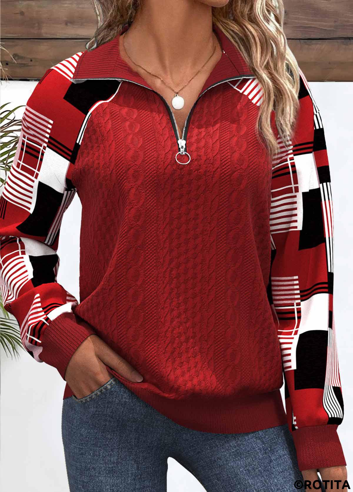 Red tops,Plaid tops,Geometric tops,ROTITA Patchwork Plaid Red Turn Down Collar Long Sleeve Sweatshirt