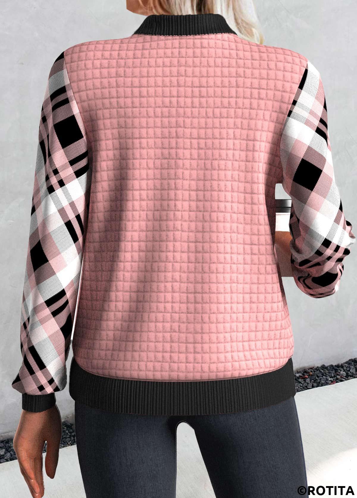 Pink tops,Plaid tops,ROTITA Patchwork Plaid Pink Stand Collar Long Sleeve Jacket