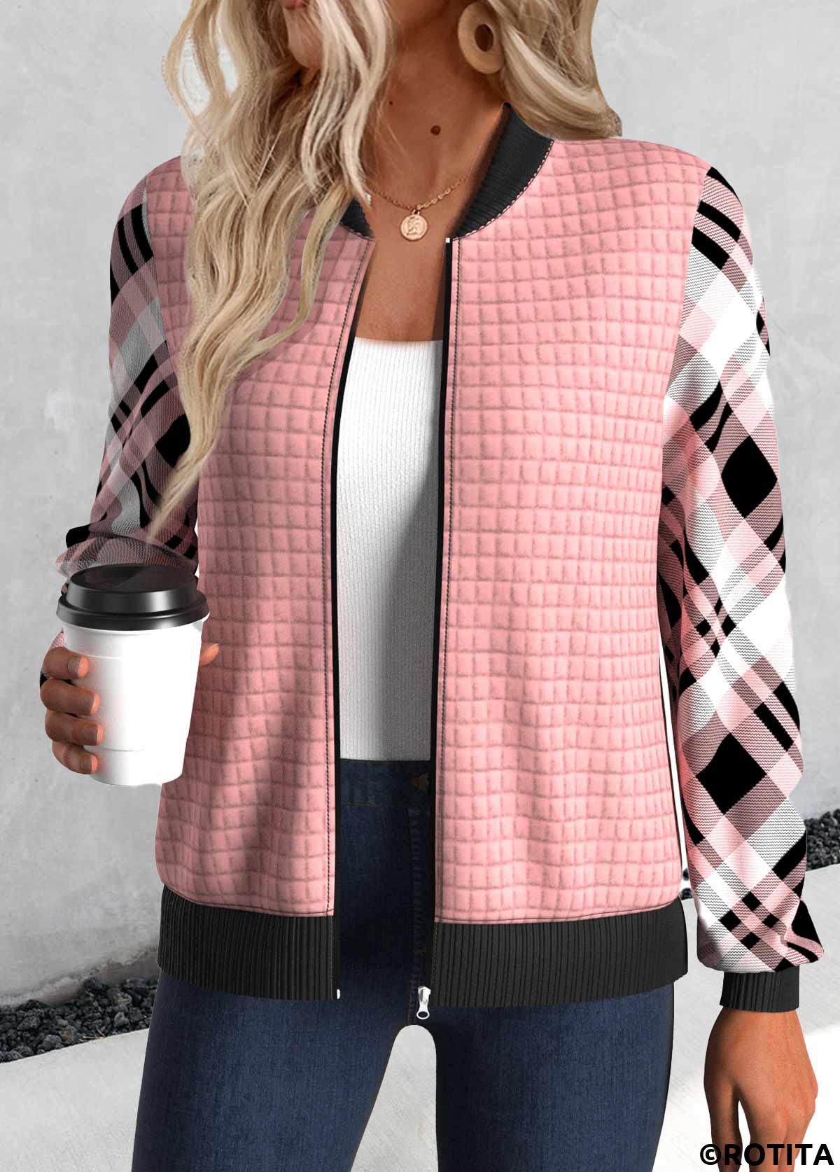 Pink tops,Plaid tops,ROTITA Patchwork Plaid Pink Stand Collar Long Sleeve Jacket