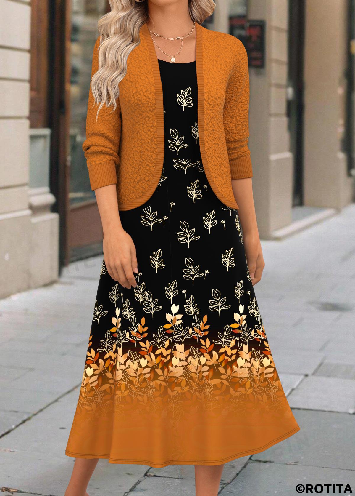robe et cardigan en terracotta à imprimé floral en deux pièces de Rotita