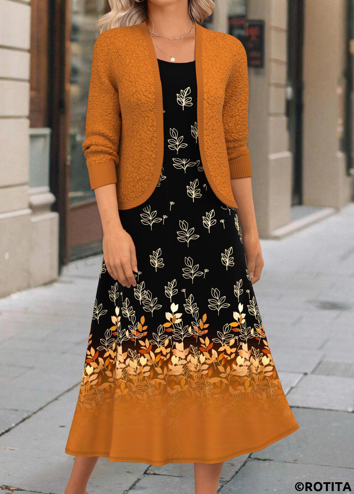 robe et cardigan en terracotta à imprimé floral en deux pièces de Rotita