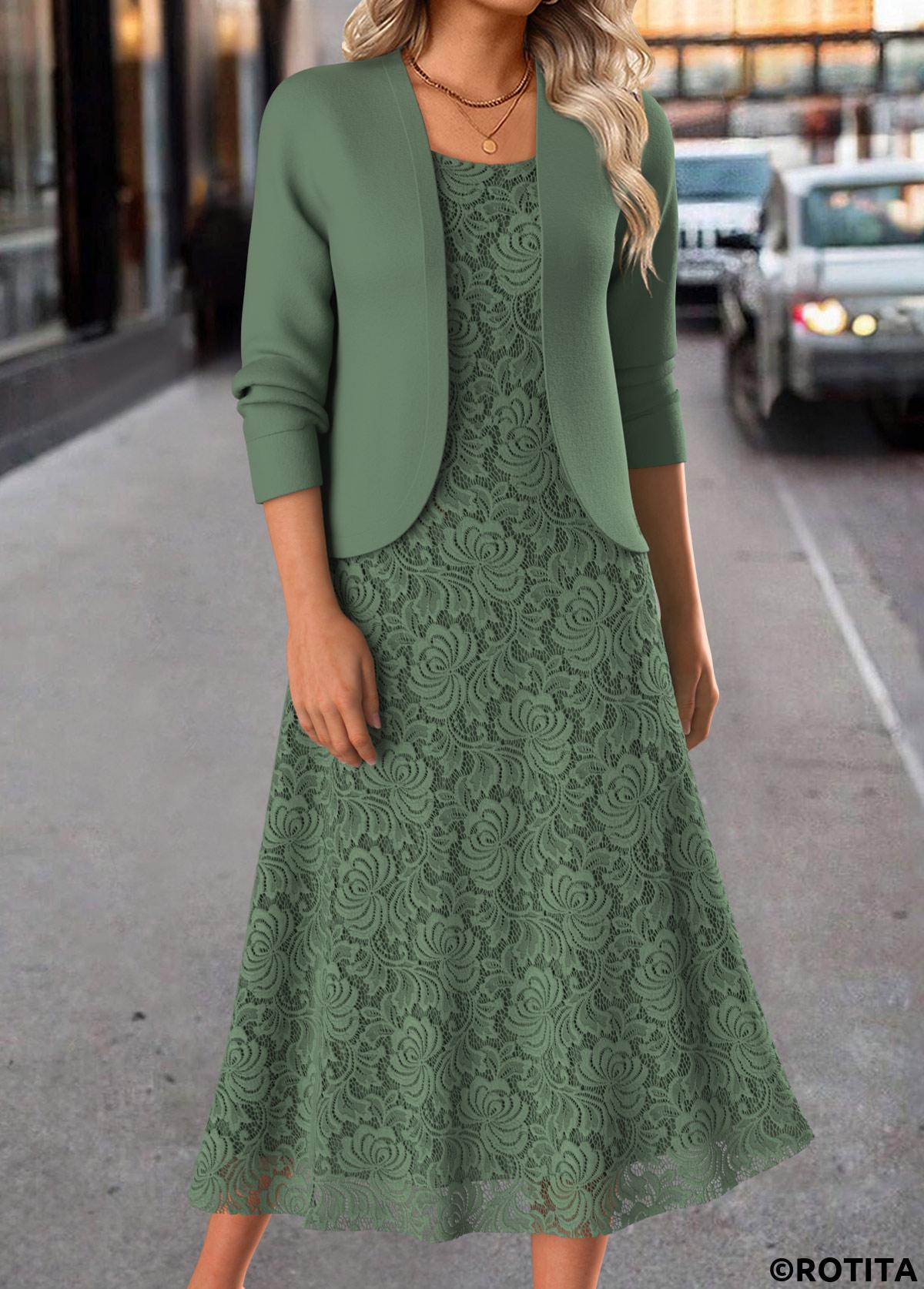 Sage Green dresses,Plain Color dresses,Everyday dresses,Casual dresses,ROTITA Two Piece Sage Green Round Neck Dress and Cardigan