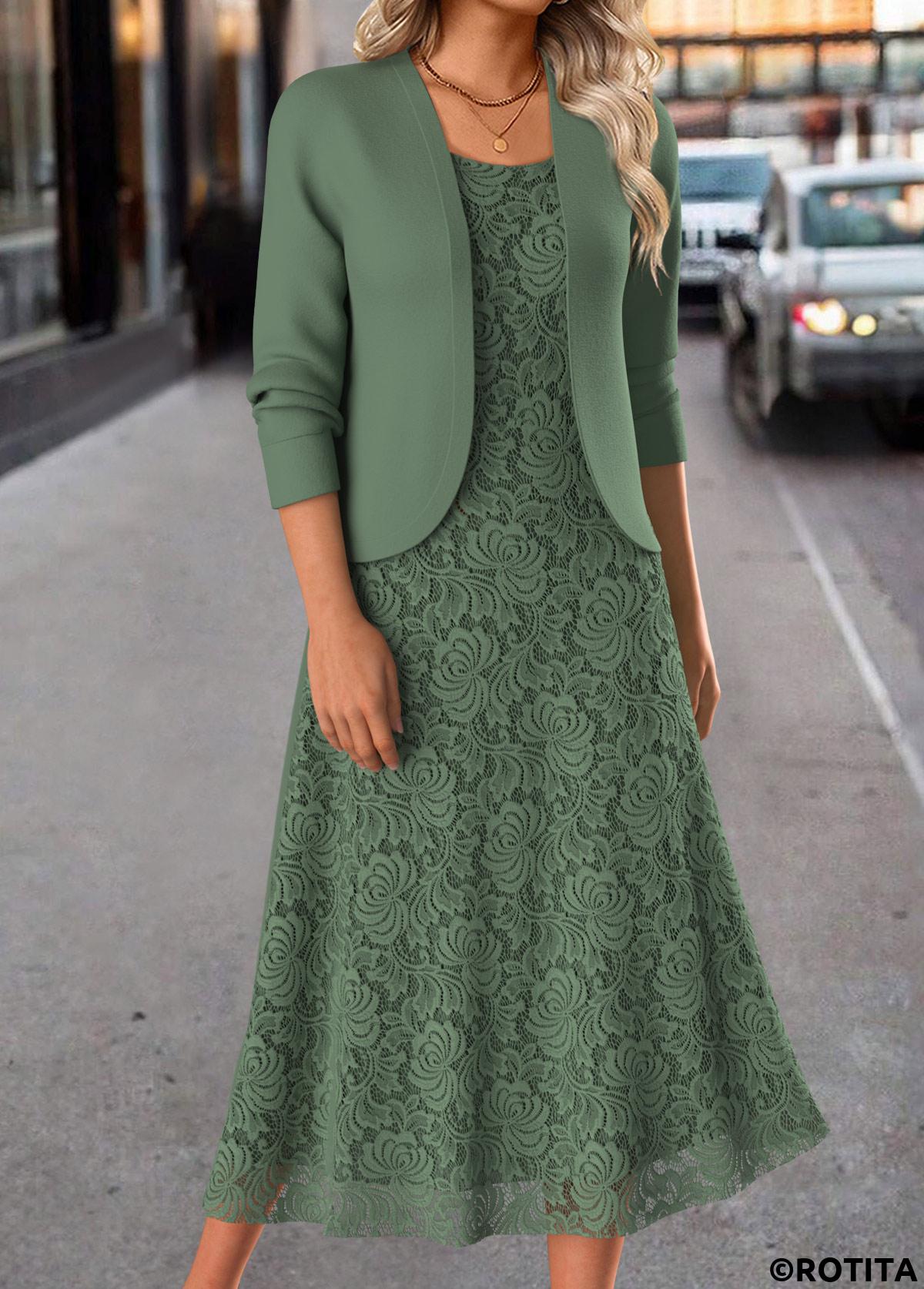 Sage Green dresses,Plain Color dresses,Everyday dresses,Casual dresses,ROTITA Two Piece Sage Green Round Neck Dress and Cardigan