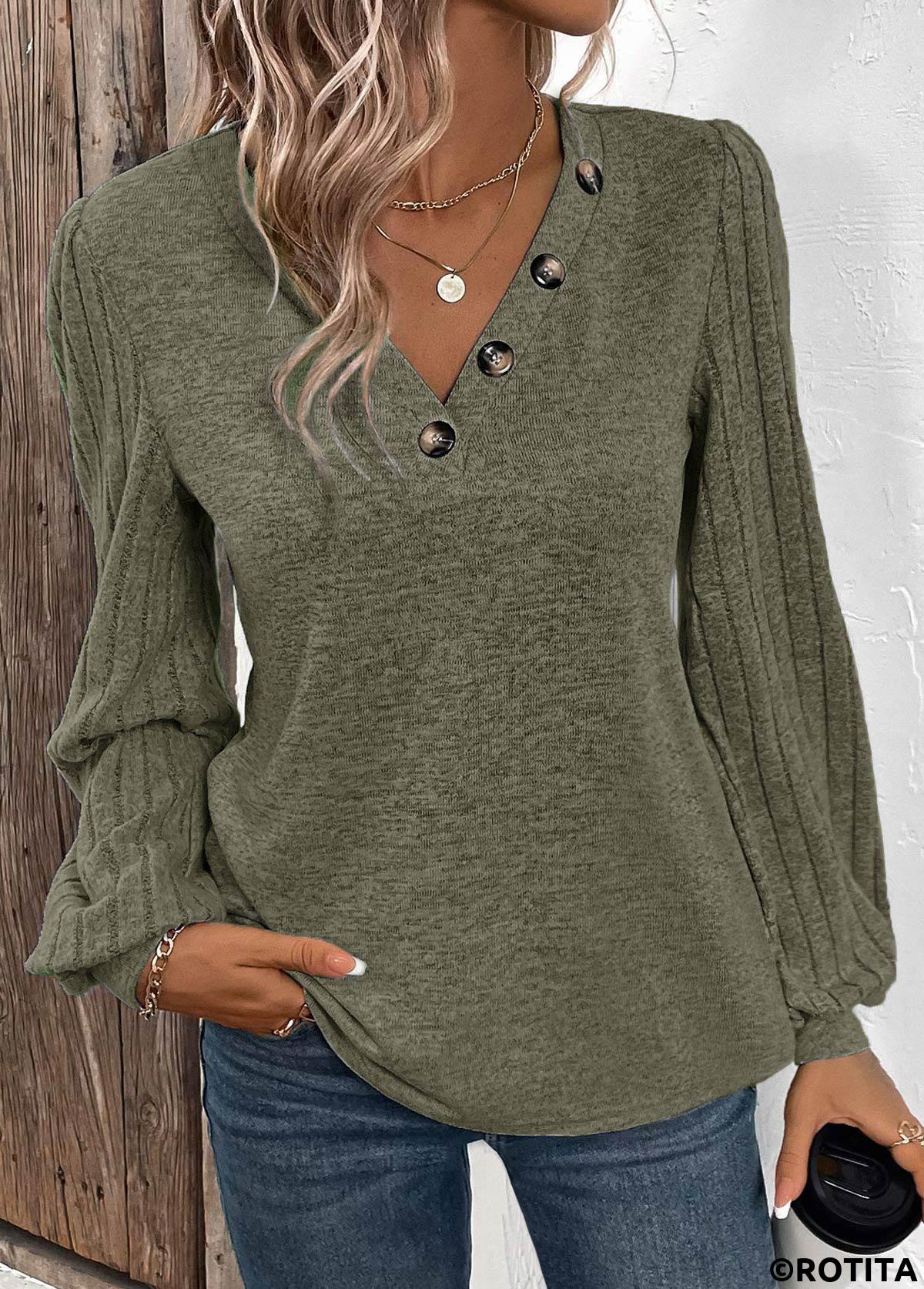 Olive Green tops,Plain Color tops,ROTITA Asymmetry Olive Green V Neck Long Sleeve T Shirt