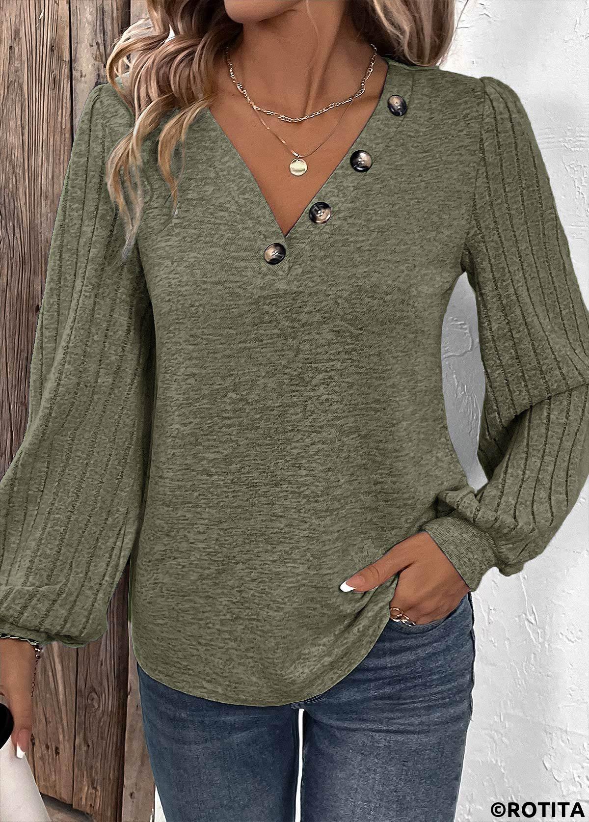 Olive Green tops,Plain Color tops,ROTITA Asymmetry Olive Green V Neck Long Sleeve T Shirt