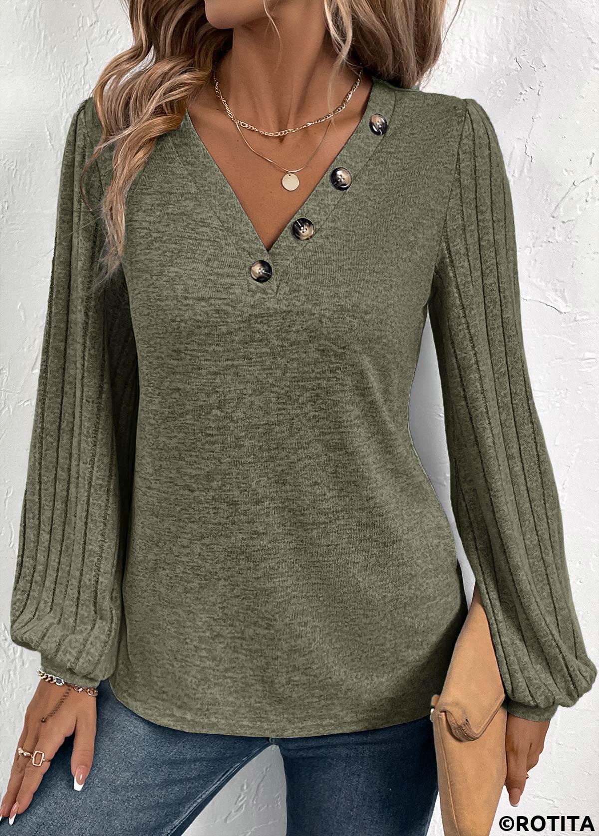Olive Green tops,Plain Color tops,ROTITA Asymmetry Olive Green V Neck Long Sleeve T Shirt
