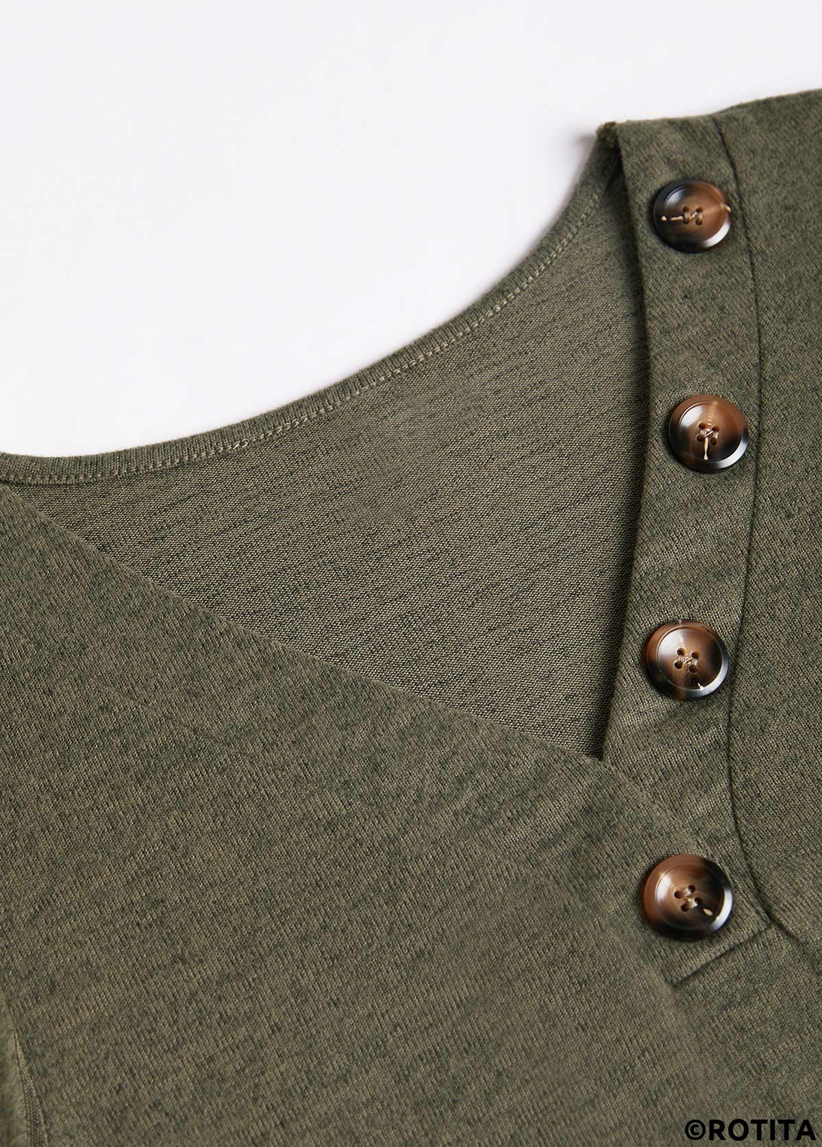 Olive Green tops,Plain Color tops,ROTITA Asymmetry Olive Green V Neck Long Sleeve T Shirt