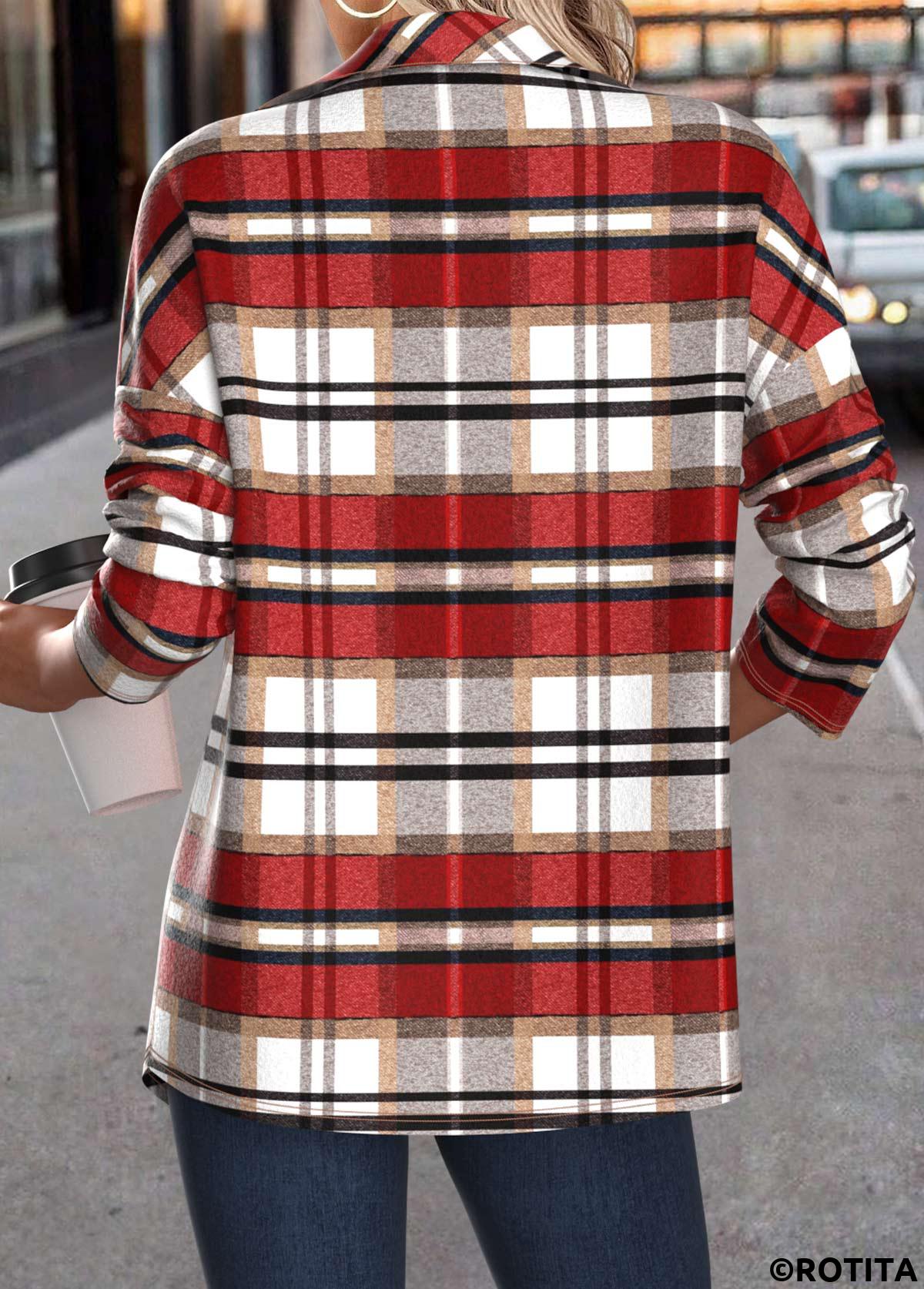 Red tops,Plaid tops,ROTITA Patchwork Plaid Red Turn Down Collar Long Sleeve Coat