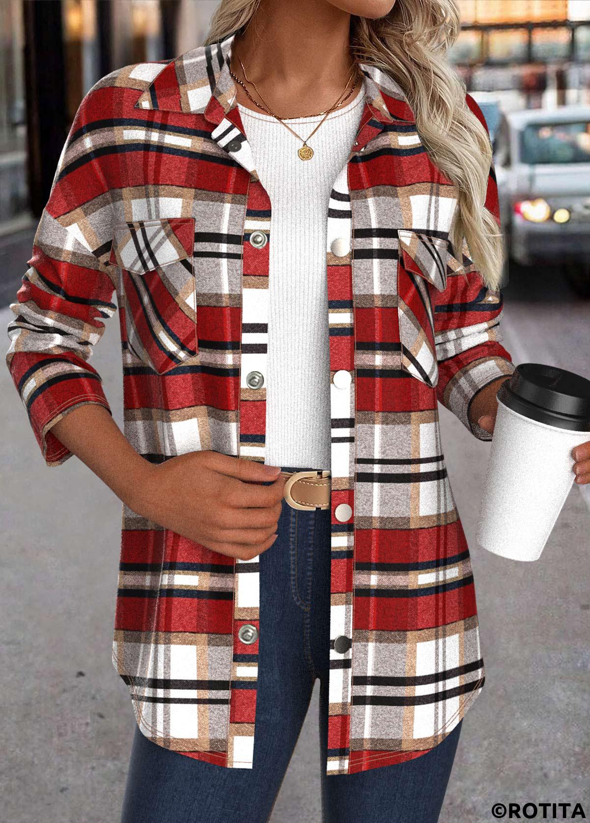 Red tops,Plaid tops,ROTITA Patchwork Plaid Red Turn Down Collar Long Sleeve Coat