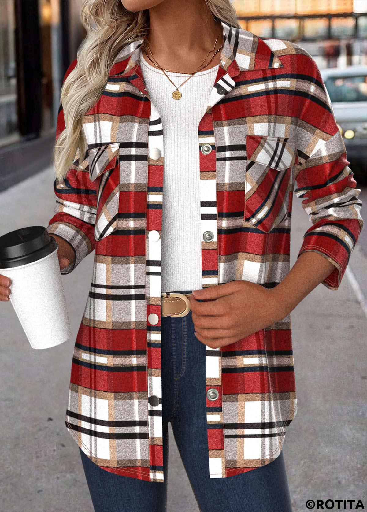 Red tops,Plaid tops,ROTITA Patchwork Plaid Red Turn Down Collar Long Sleeve Coat