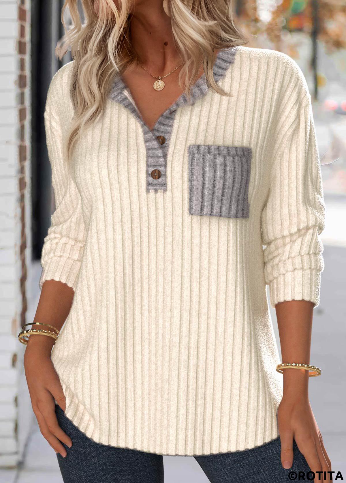 Beige tops,Contrast Color tops,ROTITA Button Beige Split Neck Long Sleeve Sweatshirt