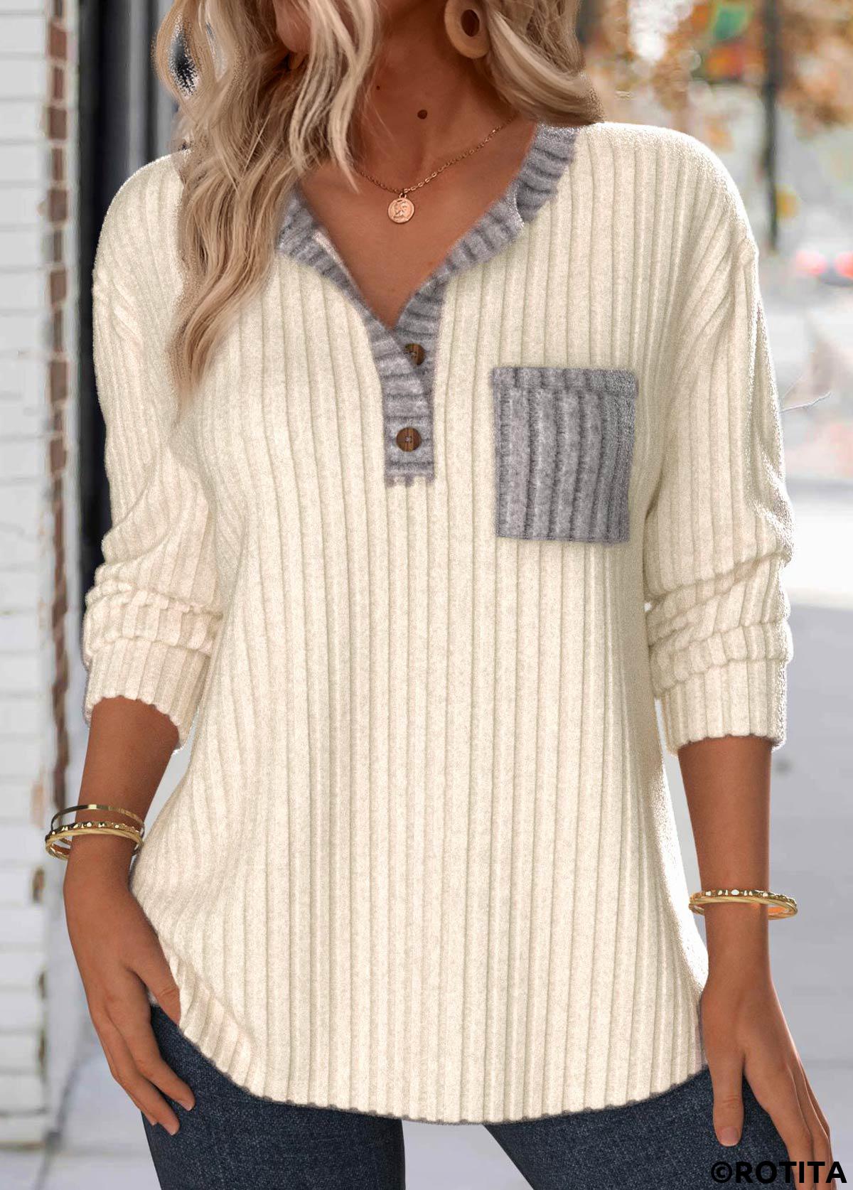 Beige tops,Contrast Color tops,ROTITA Button Beige Split Neck Long Sleeve Sweatshirt