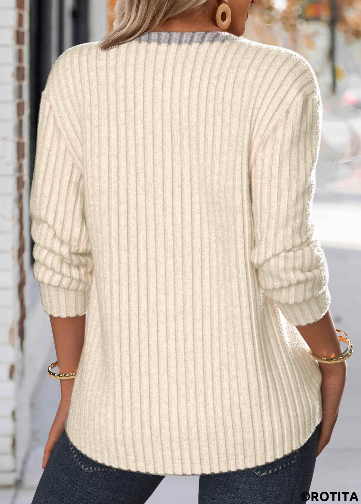 Beige tops,Contrast Color tops,ROTITA Button Beige Split Neck Long Sleeve Sweatshirt