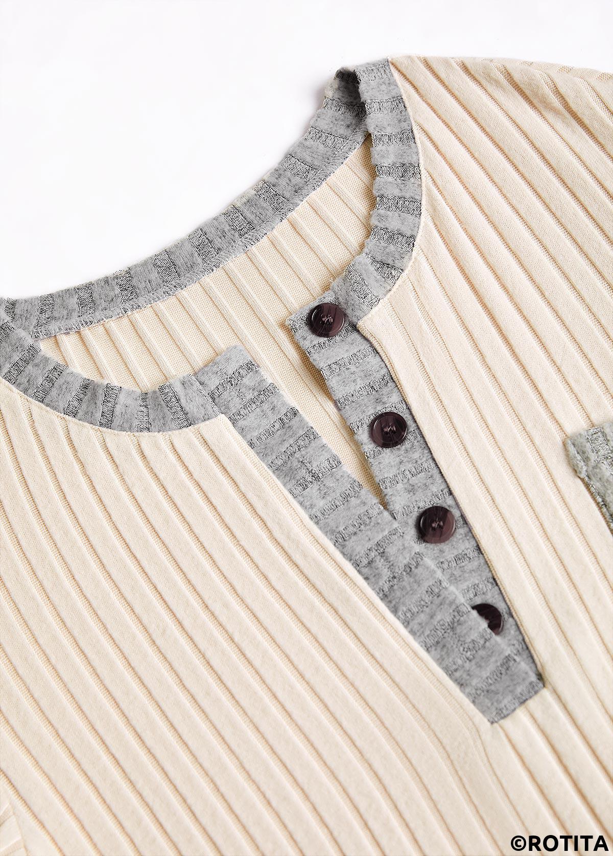 Beige tops,Contrast Color tops,ROTITA Button Beige Split Neck Long Sleeve Sweatshirt