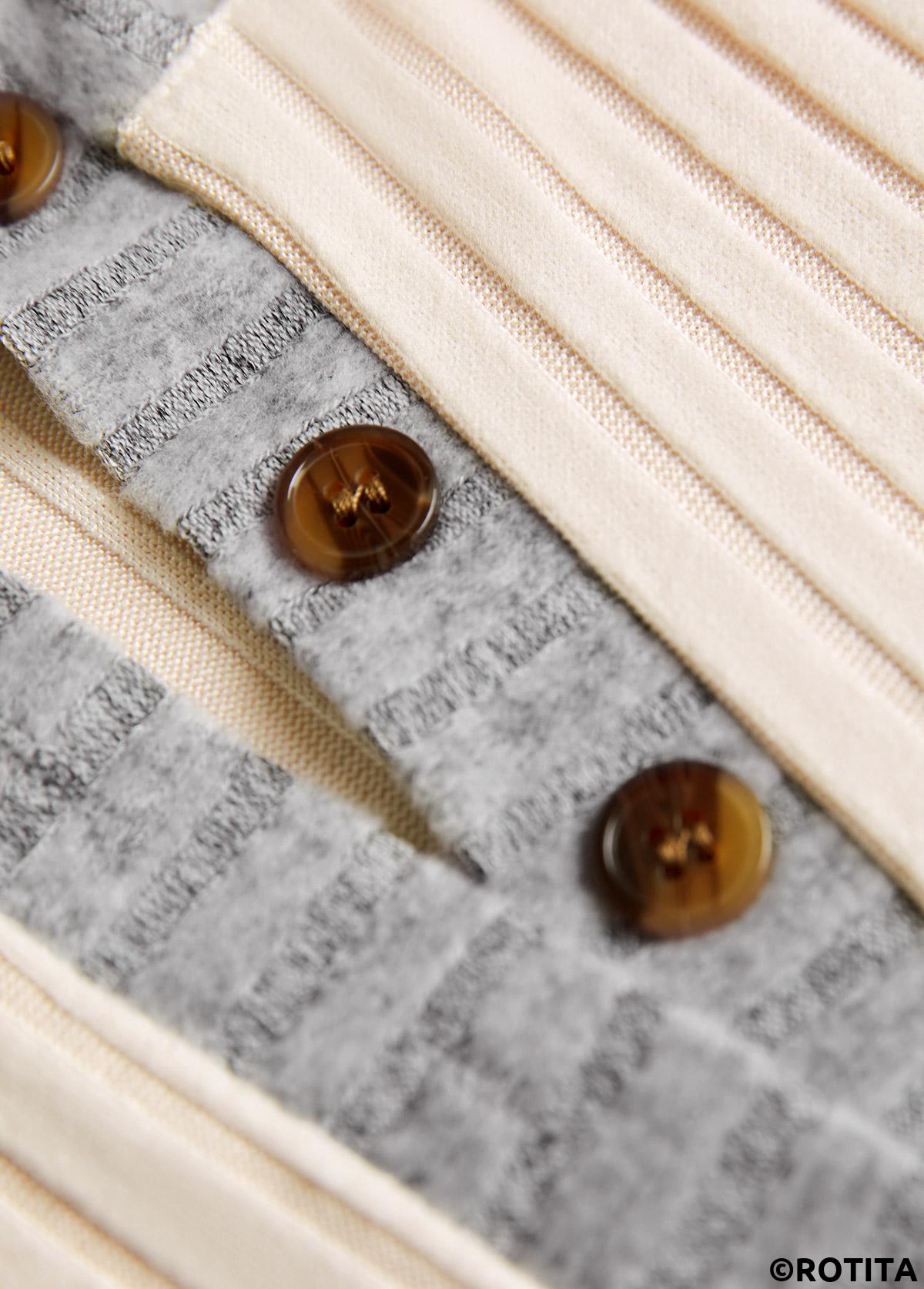 Beige tops,Contrast Color tops,ROTITA Button Beige Split Neck Long Sleeve Sweatshirt