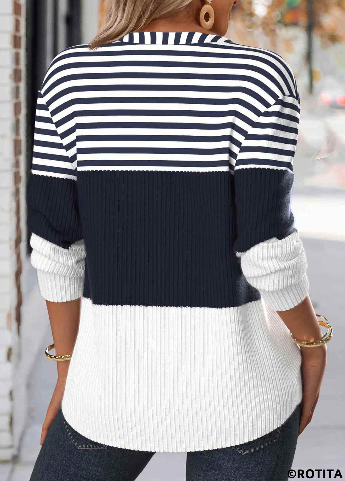 Navy plus size,Striped plus size,Geometric plus size,ROTITA Plus Size Button Navy Striped Split Neck Sweatshirt