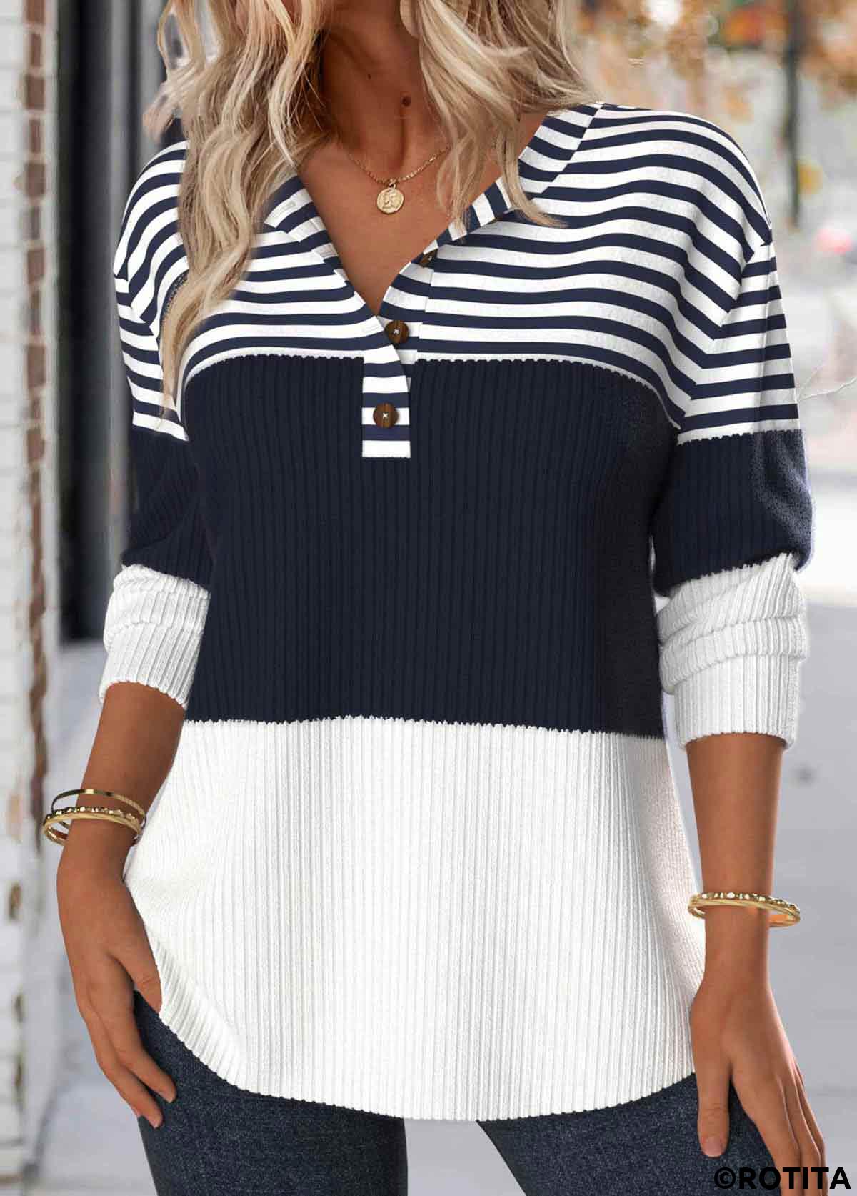 Navy plus size,Striped plus size,Geometric plus size,ROTITA Plus Size Button Navy Striped Split Neck Sweatshirt