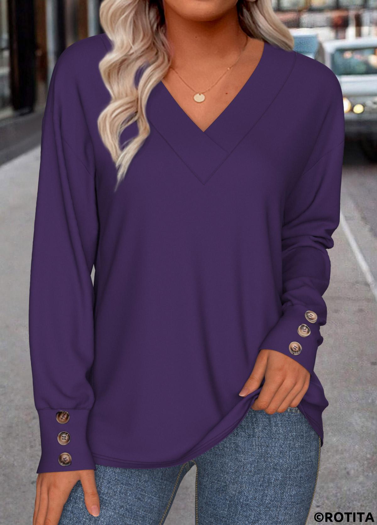Purple tops,Plain Color tops,ROTITA Button Purple V Neck Long Sleeve Sweatshirt